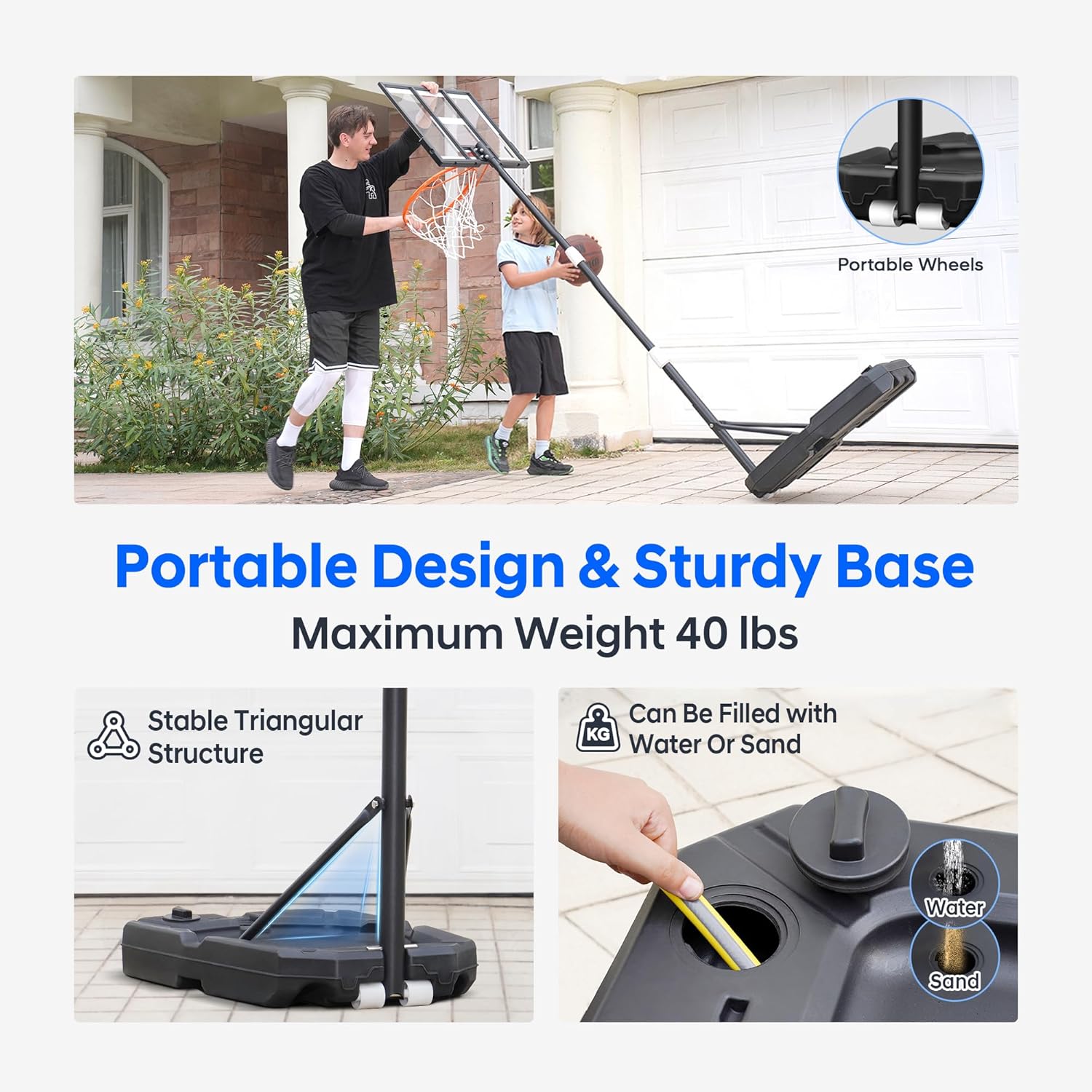 HEROPRO Basketball Hoop Outdoor Adjustable, Shatterproof Backboard, Portable Basketball Goal System for Kids and Adults in Swimming Pool/Driveway