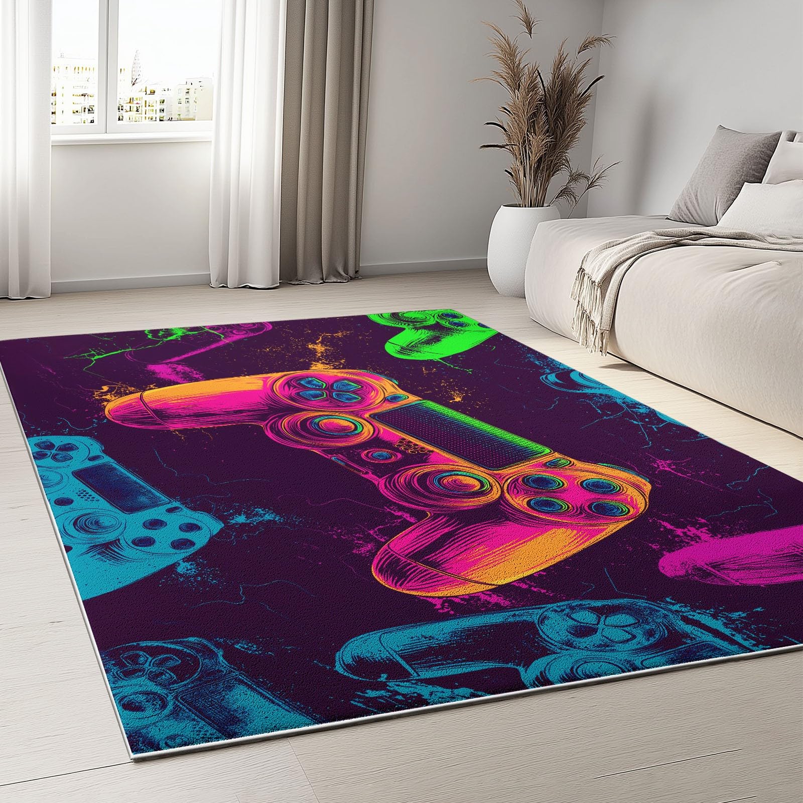 Tappeto moderno con controller di gaming, fondo morbido antiscivolo, a pelo corto, di medie dimensioni, per camera dei bambini, cucina e camera da letto, delicato sulla pelle, viola, 120 x 170 cm