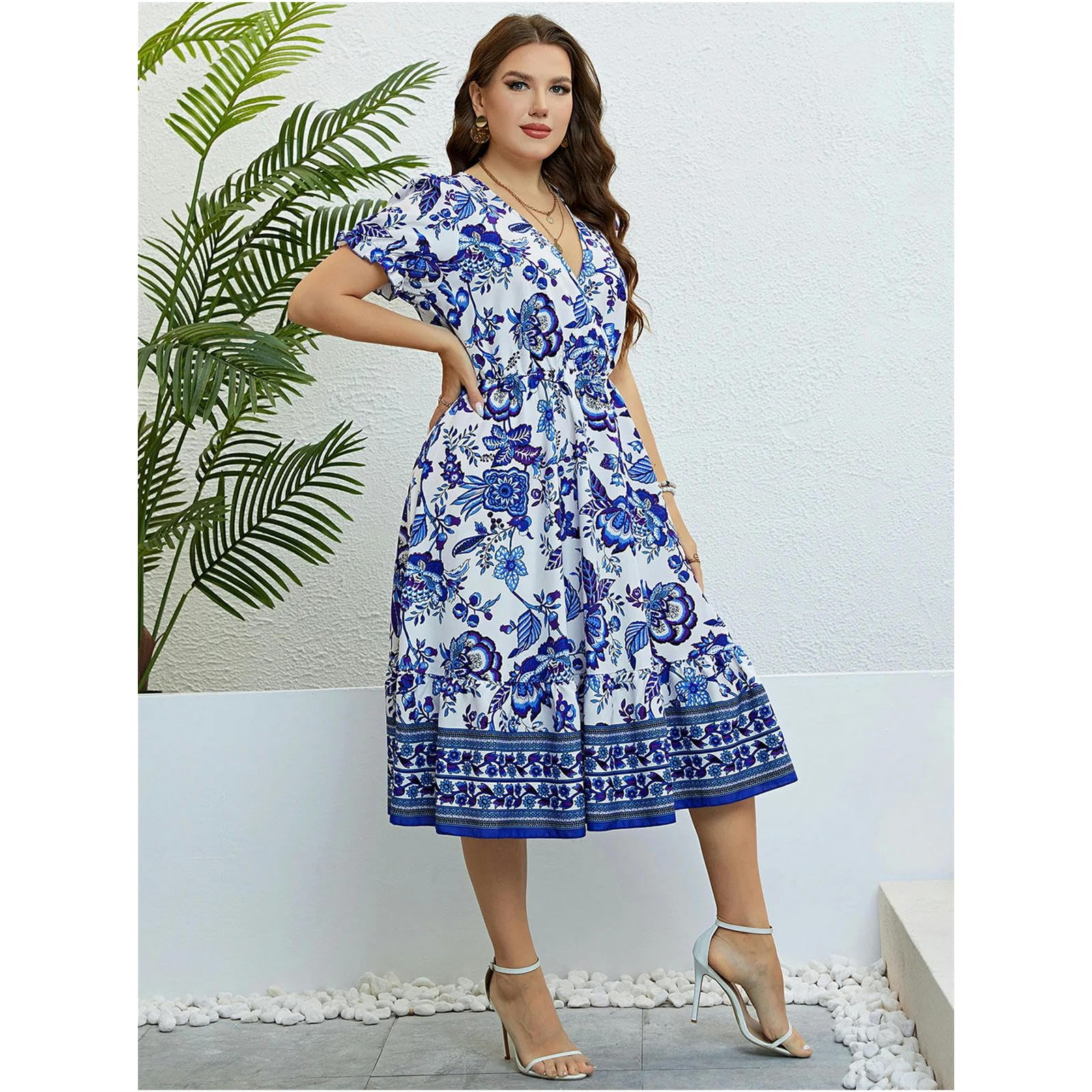 Plus Size Donne Fiore Stampa V-Neck A-Line Abiti Eleganti Increspature Maniche Corte Abito Del Partito Casual Lady Vacanza, HUTALIM, Blu, 4XL