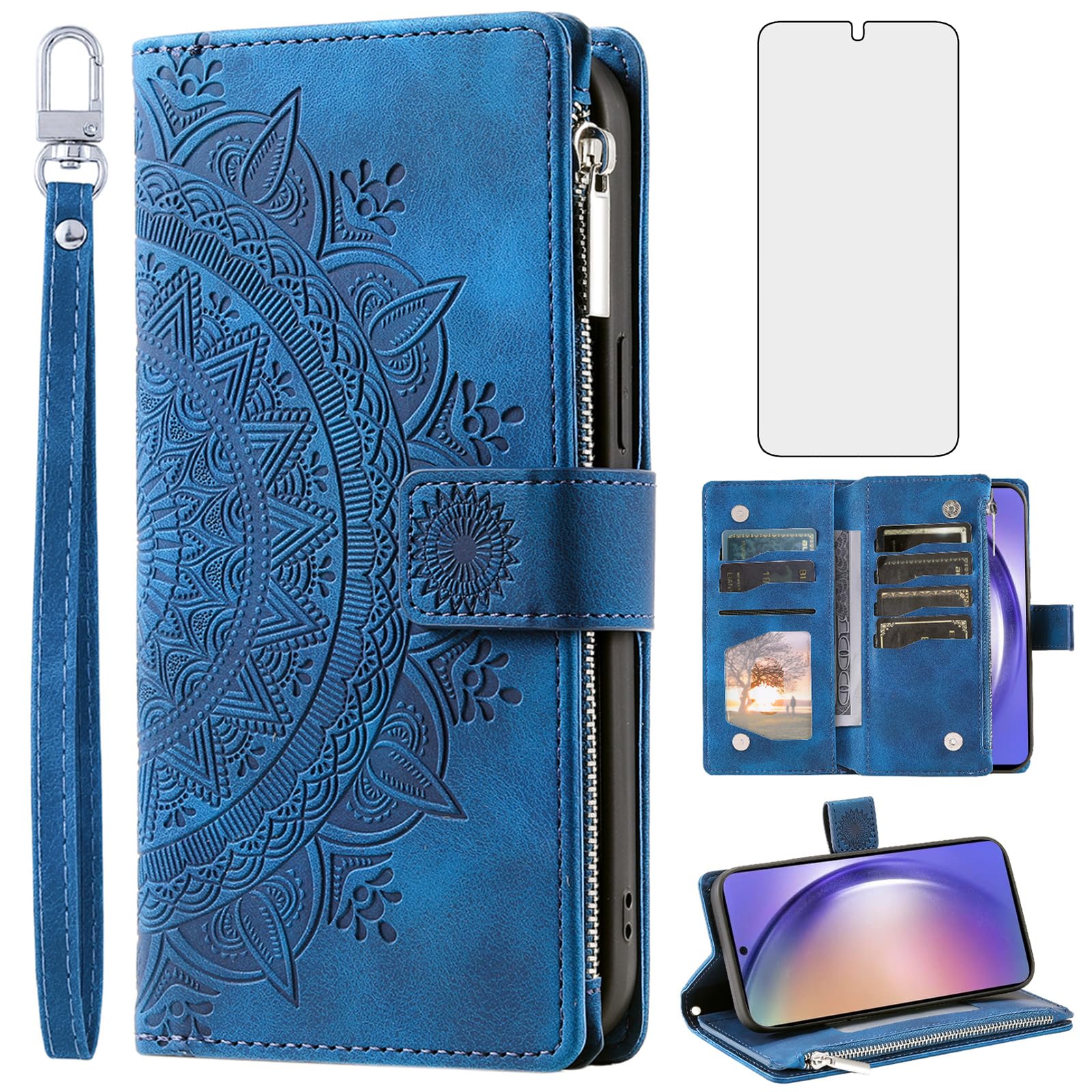 Asuwish Phone Case for Samsung Galaxy A54 5G Wallet Cover with Tempered Glass Screen Protector and Wrist Strap Mandala Flower Flip Zipper Card Holder