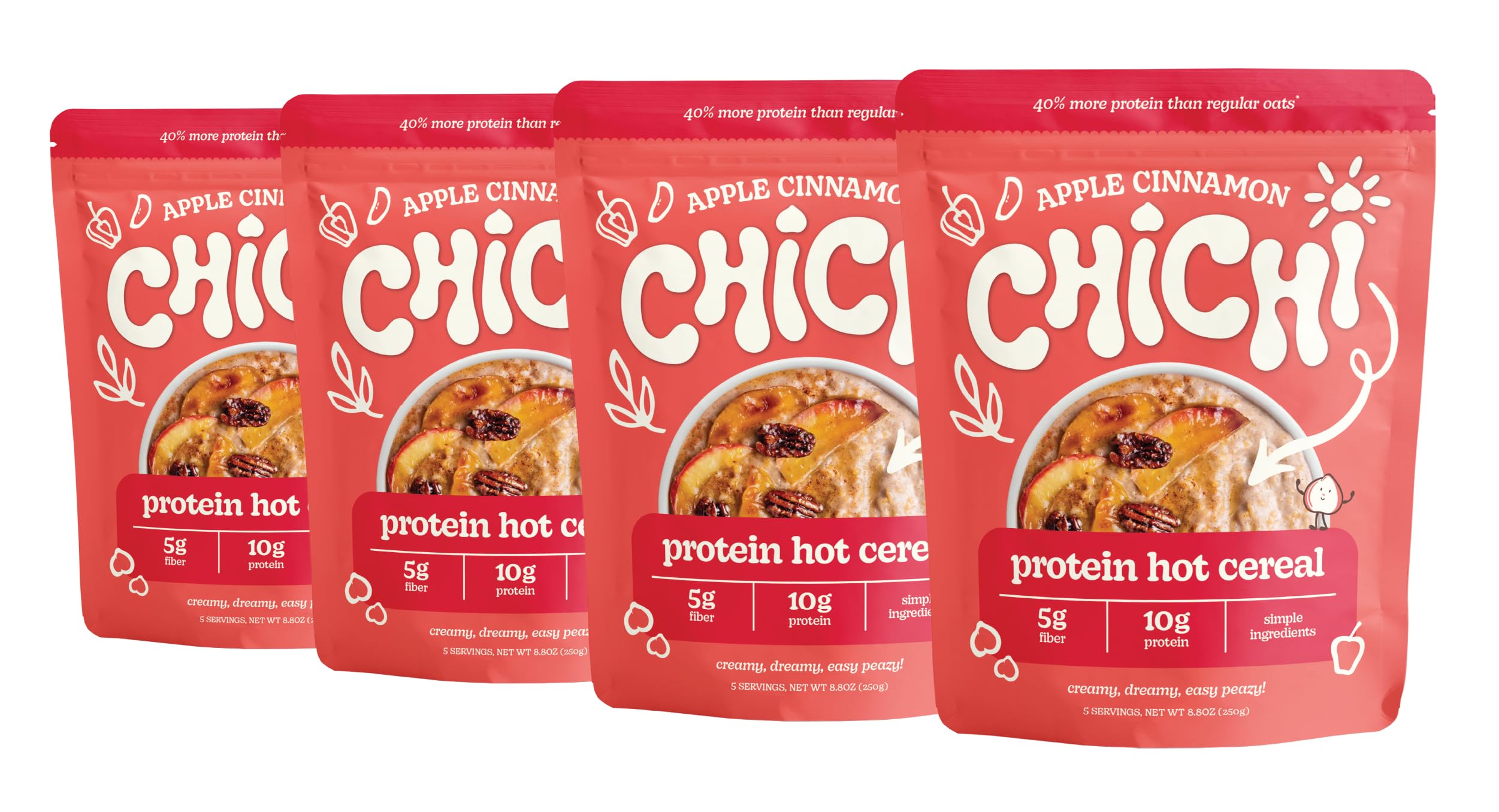 ChiChi – High Protein Hot Cereal | Apple Cinnamon (8.8 oz x 4 pouches, 20 servings) —Made with Chickpeas, High Protein (10g), High Fiber, Made with