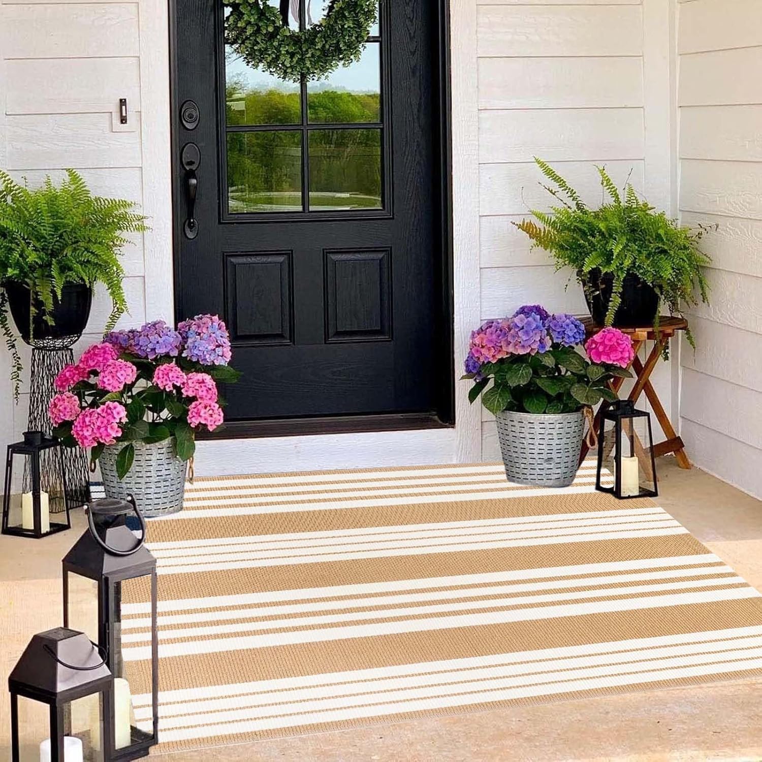 BUAGETUP Khaki and White Outdoor Rug 3'x 5' Hand-Woven Cotton Washable Rug Striped Front Porch Rug Indoor/Outdoor Area Rug Floor Mat for Farmhouse/