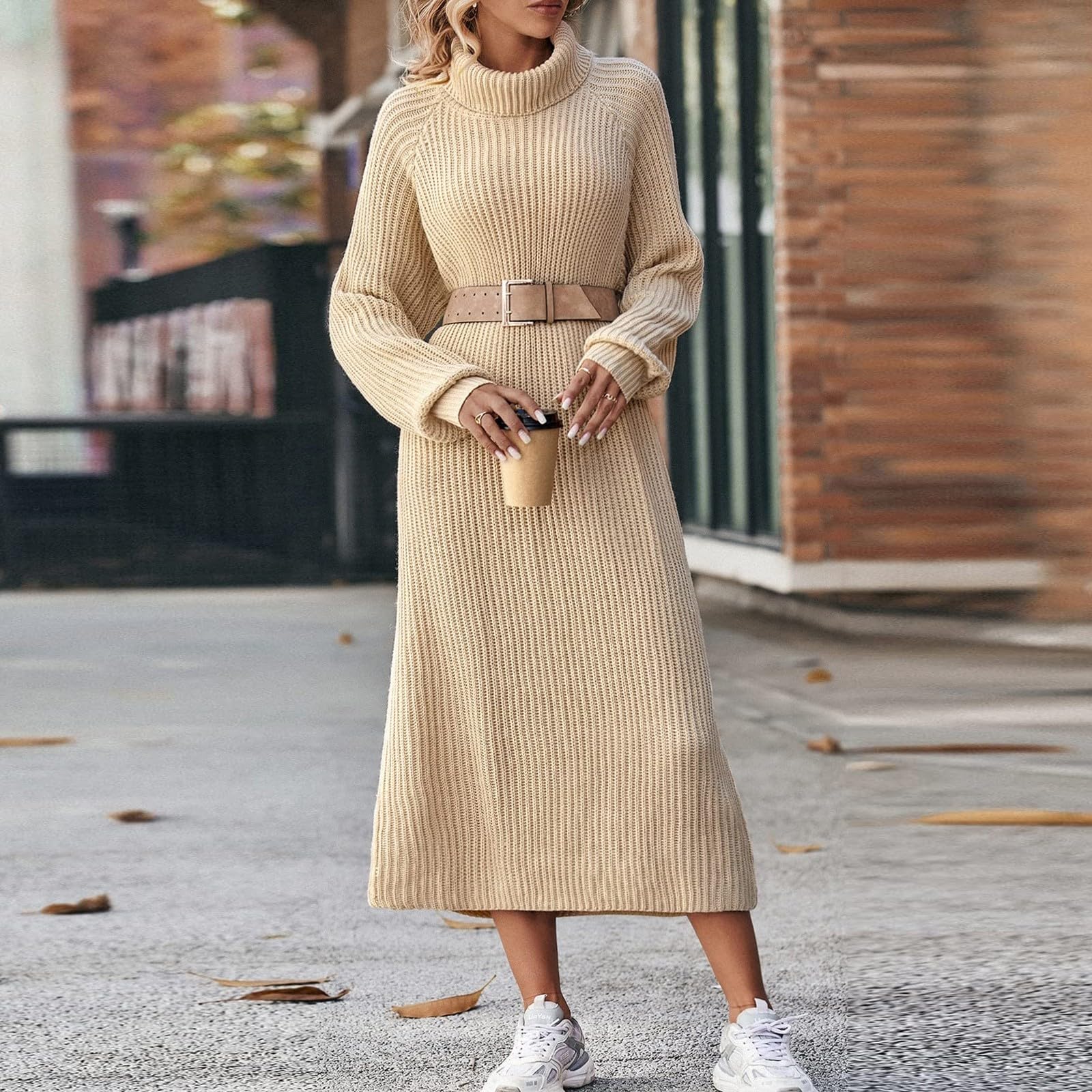 Strickkleid Damen Winter Lang Pulloverkleid Damen Rollkragen Langarm Winterkleid Elegant Gestreift Strickkleider Maxi Locker Pullikleid Alltag Winterkleider Frauen Grobstrick Dicke Maxikleid