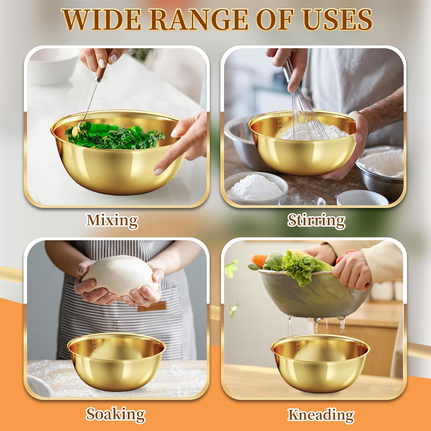 8 Pcs Gold Stainless Steel Mixing Bowl with Scale, 74 OZ Salad Mixing Bowl, 8.26 In Serving Bowl Large Noodle Bowl, Kitchen Decor Cooking Bowl for Soup Fruit Sauce Pasta Snack (2100 ML)