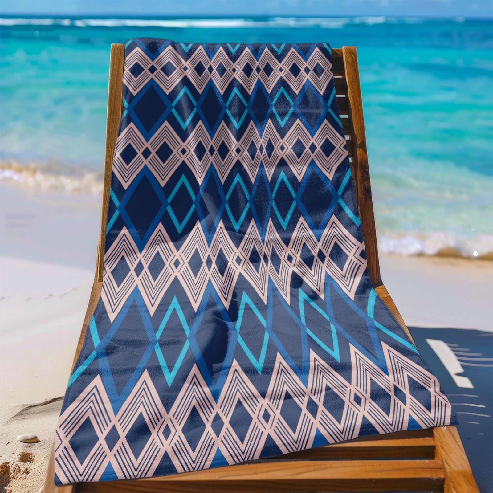 Toalla Playa Geometría Azul Toallas Baño Grandes Suave Toalla Microfibra Sin Arena Toallas de Baño Piscina Ducha Absorbente Secado Rápido Beach Towel para Viajes, Natación, Camping 150x200cm