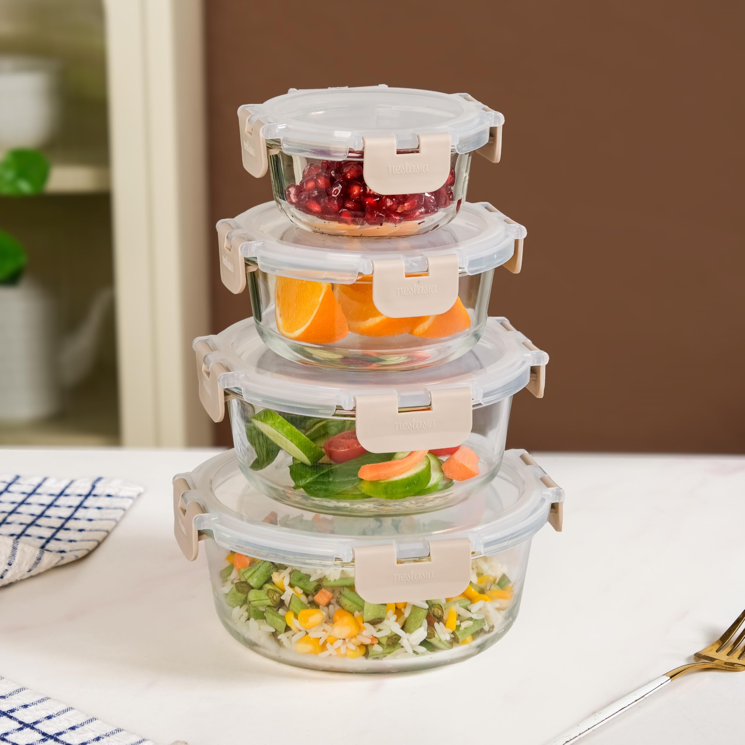 Nestasia Nestro Airtight Glass Containers with Lid Set of 4 (215ml, 400ml, 600ml, 950ml) | Spill Proof Round Glass Containers with Break Free Lock - Microwave, Dishwasher & Freezer Safe (Beige)