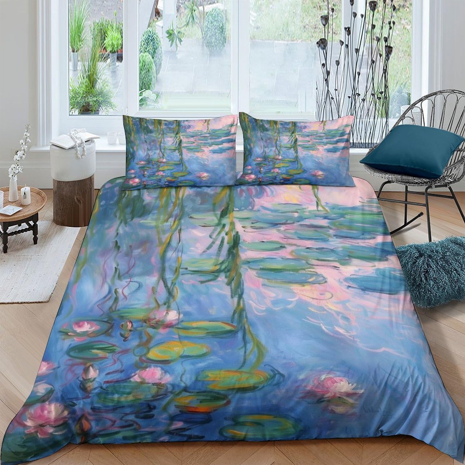 Ctjqhvkz Style-3 3D Printed Water Lily Pond Fitted Sheet Microfiber Soft Blue Green Impressionist Bed Cover For Bedroom Decor Single（135X200cm）