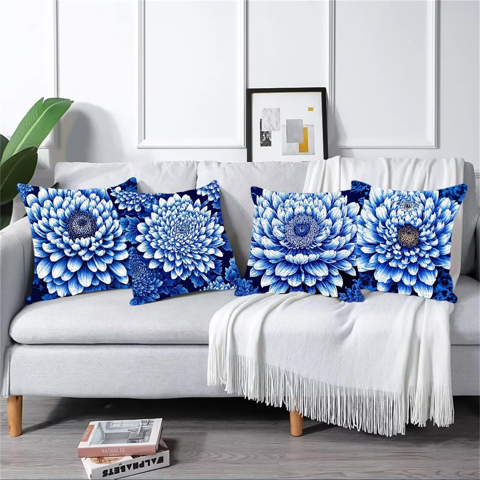Kissenbezug 60x60 4er Set, Outdoor Kissen Blau Sofakissen, Wasserdicht Kissenbezüge Chrysantheme Dekokissen mit Unsichtbarem Reißverschluss, Zierkissenbezüge für Schlafzimmer Sofa Stuhl Bett G1-547