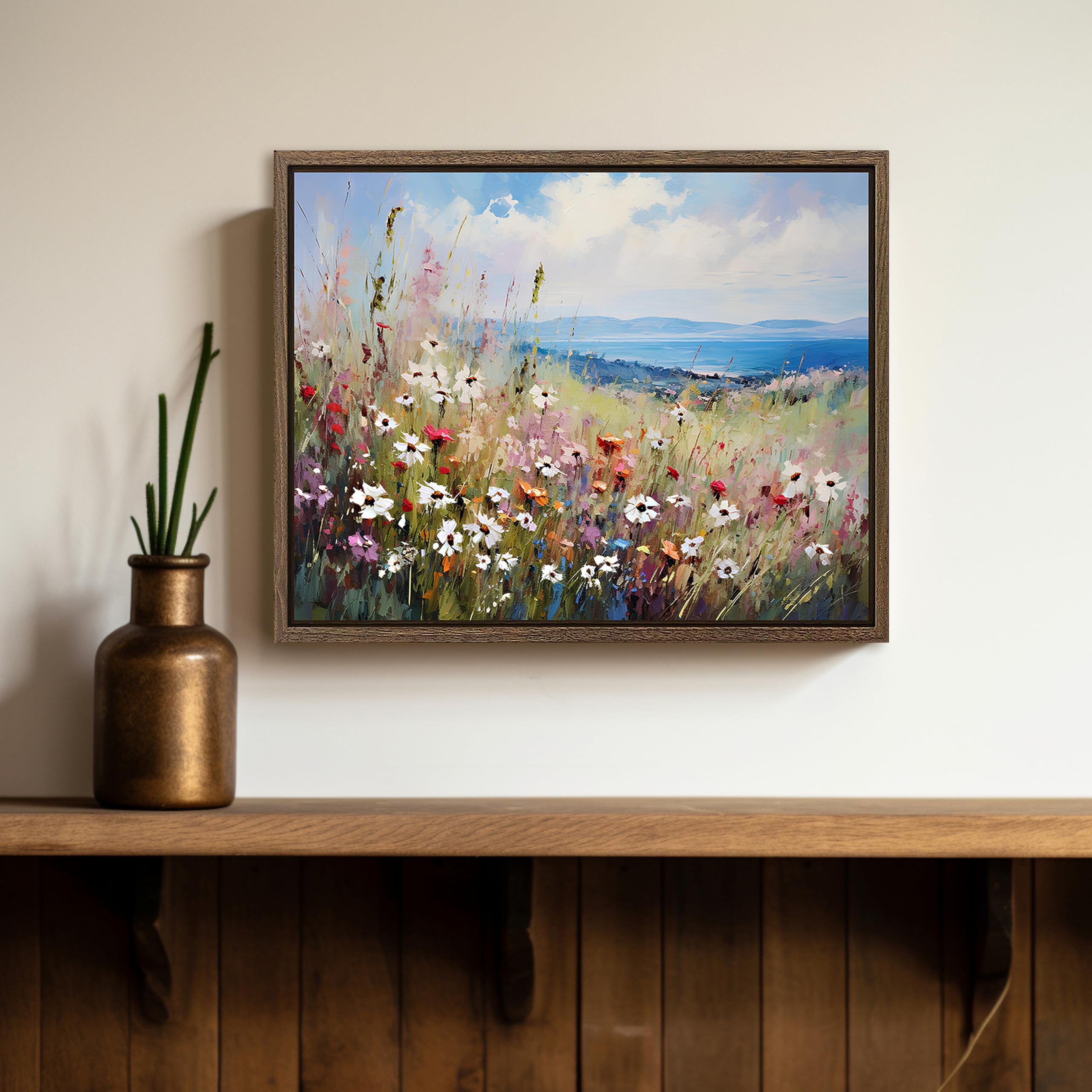 Quadro floreale materico su tela, arte murale astratta 3D con fiori selvatici, fiori colorati in piena fioritura, grande opera d'arte orizzontale per la decorazione della casa. - Italia