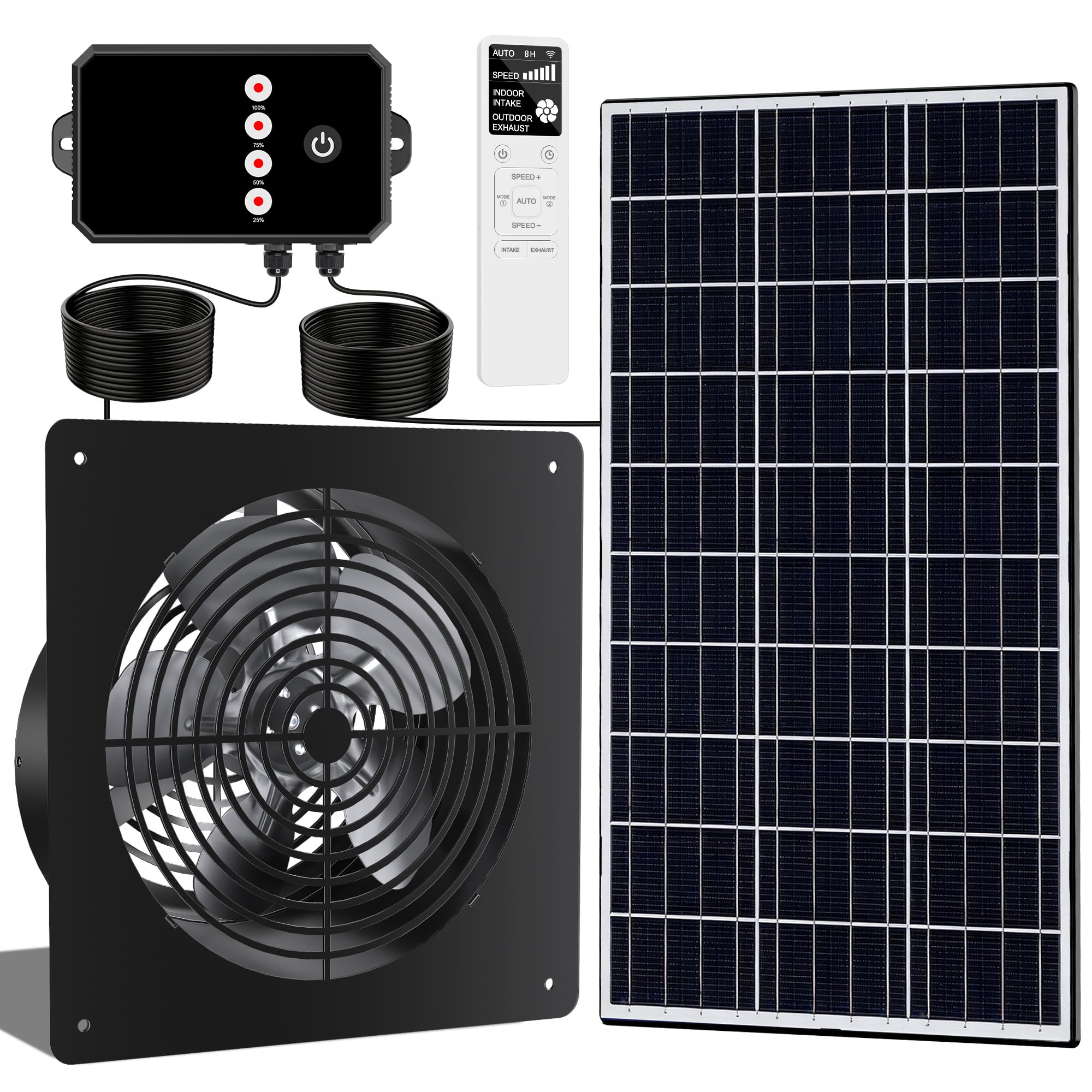 Photo 1 of 10-Inch 15W Solar Fan with Timer & Remote, Reversible Intake Exhaust Vent System for Chicken Coop, Greenhouse & Shed, Aluminum 6-Speed Airflow with 17ft Cable