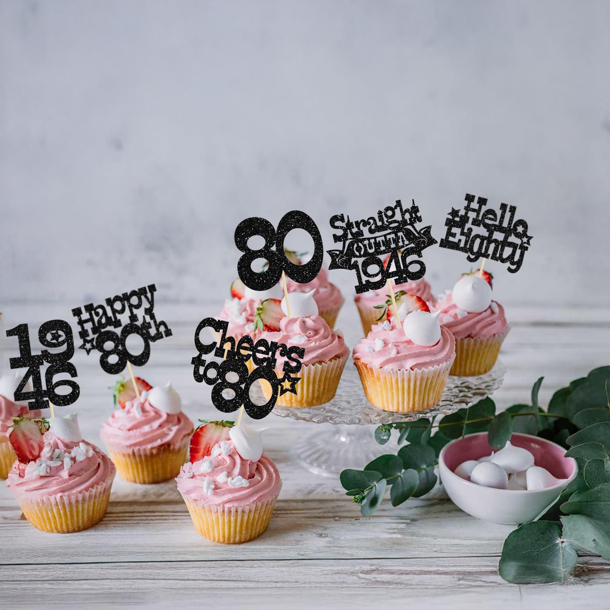 Ephlyn 30Pcs Straight Outta 1946 Cupcake Toppers Glitter Eighty Happy 80th Birthday Cupcake Picks Cheers to 80 Years Cake Decorations for Happy 80th Birthday Anniversary Party Supplies Black - Image 7