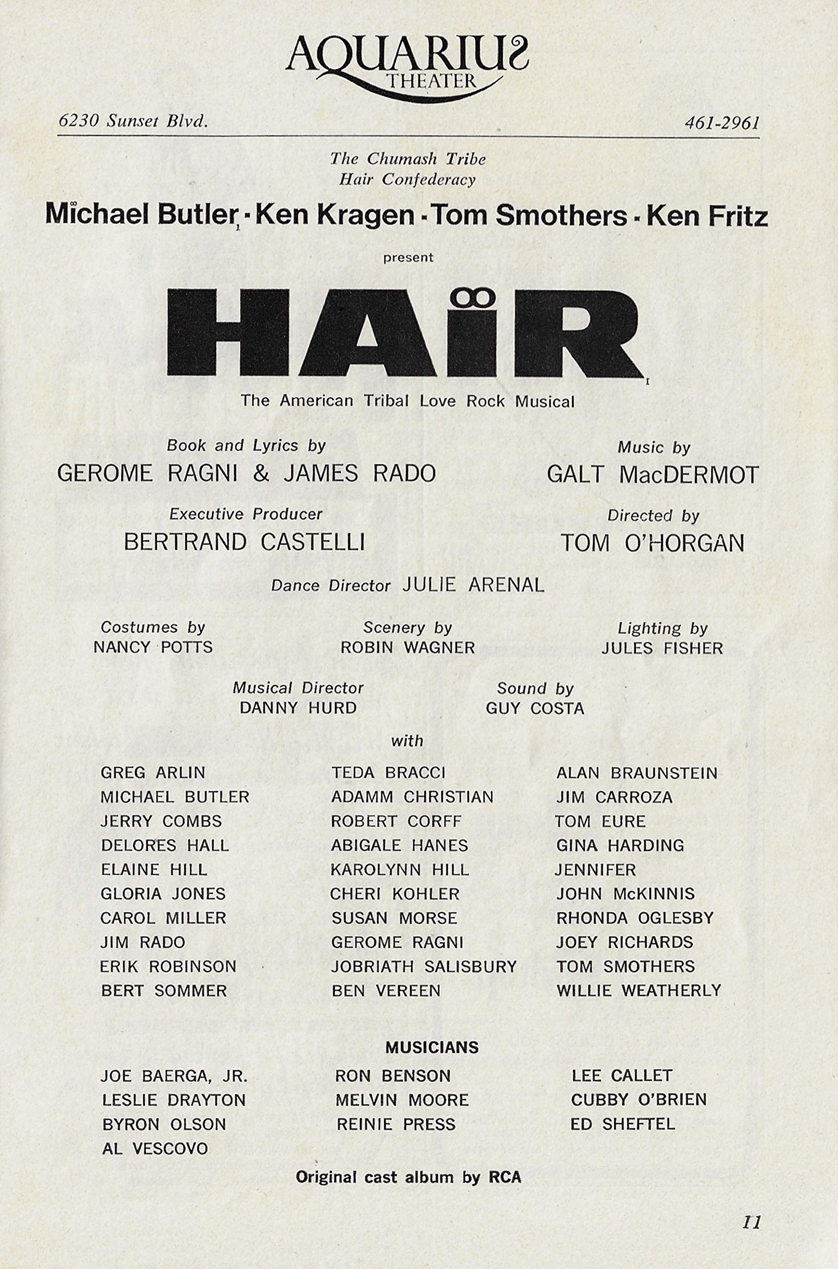 Gerome Ragni"HAIR" James Rado/Galt MacDermot/Jobriath/Aquarius Theater 1968  Los Angeles Playbill at Amazon's Entertainment Collectibles Store