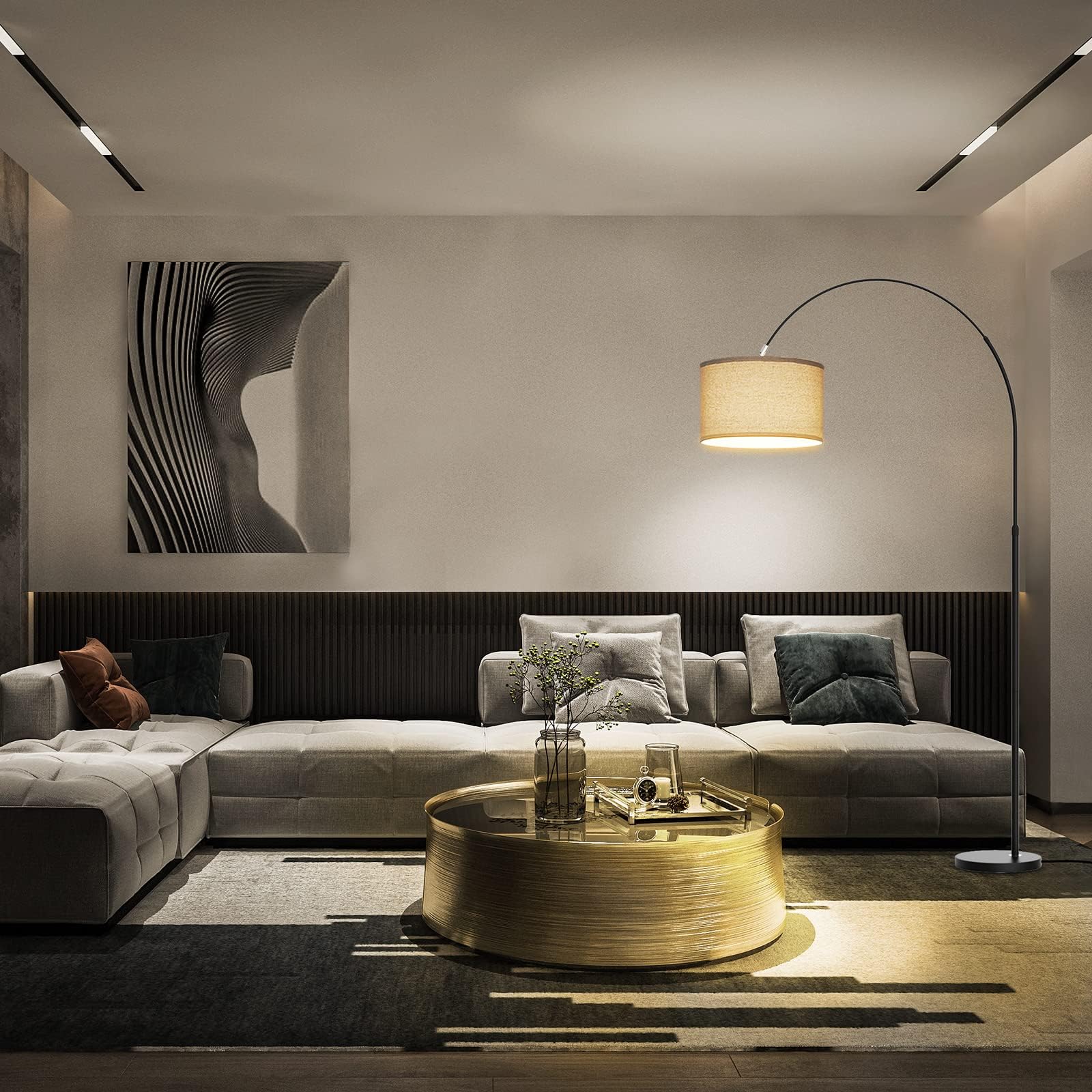 Modlicht Dekorative Bogenlampe JASMIN | Bogenleuchte LED E27 9W 3000K | Ø33CM Stoffschirm Leinen Beige | 165-180 cm Stehlampe für Wohnzimmer Schlafzimmer Büro Hotel