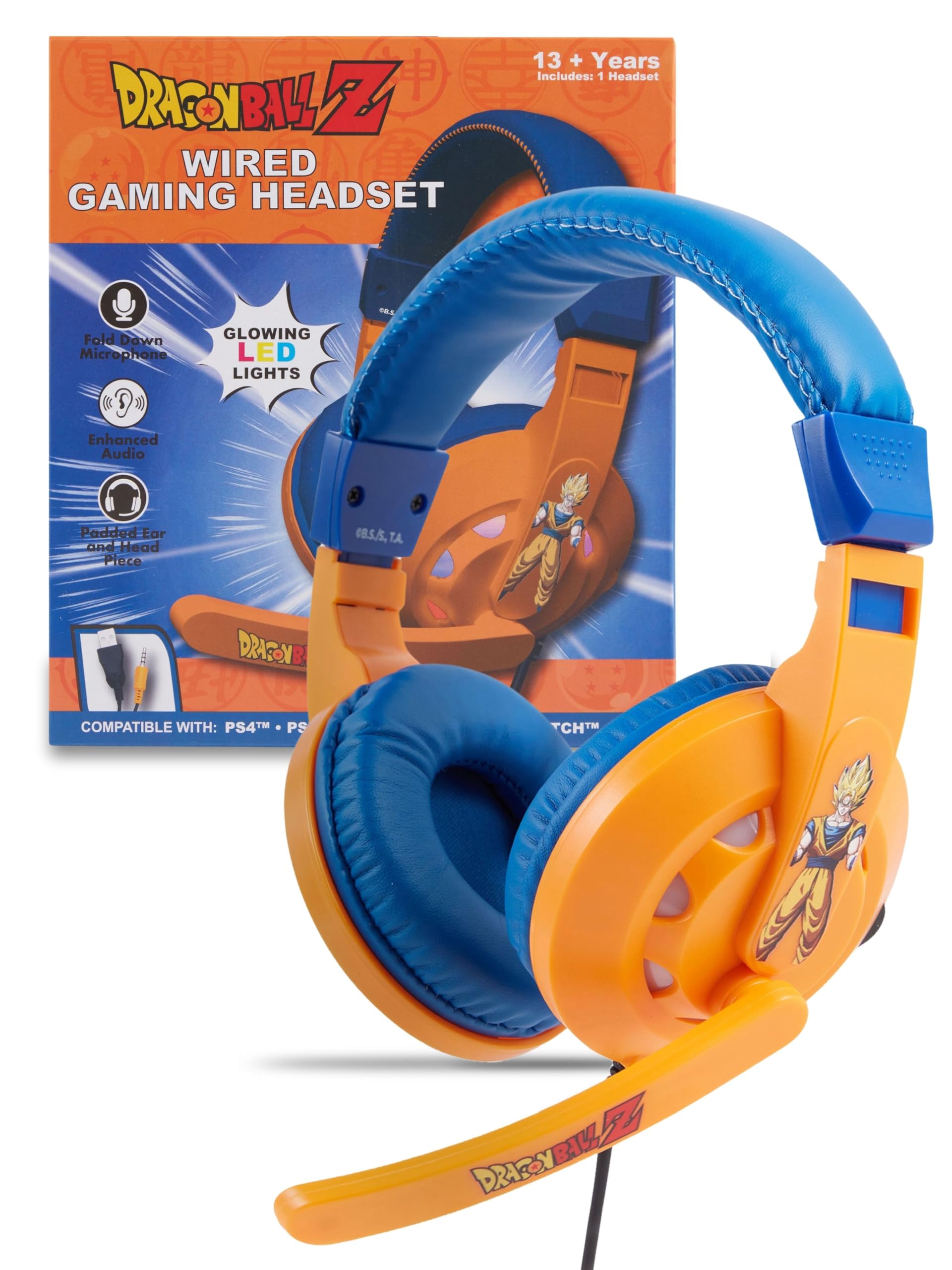 Culture Fly Gaming Headset with Mic – Dragon Ball Z Wired Headphones with Microphone, LED Lights, Padded Over Ear Computer Headset for PC Gamer, Enhanced Audio, Comfortable Headphones for Gaming Setup