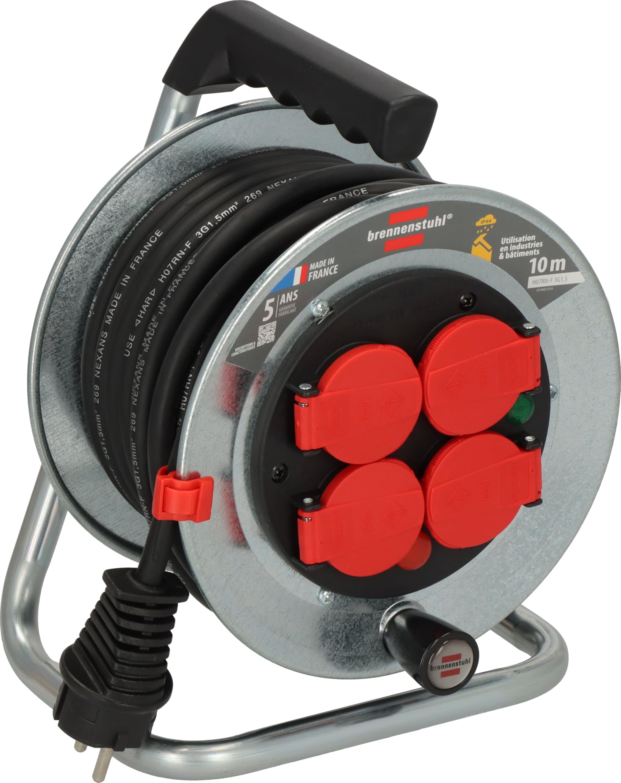 Brennenstuhl Professional Enrouleur de câble SILVER-10 (4 prises, flasques en acier, voyant de présence de tension, poignée, clip, 10m H07RN-F, en extérieur), fabriqué en France