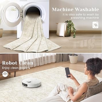 Bedroom Rugs Washable Large Area Rugs 8x10 Foldable Low Pile Print Non-Slip Boho Pattern Rugs for Bedroom Living Room Dining Home Office Beige, 8ftx10ft