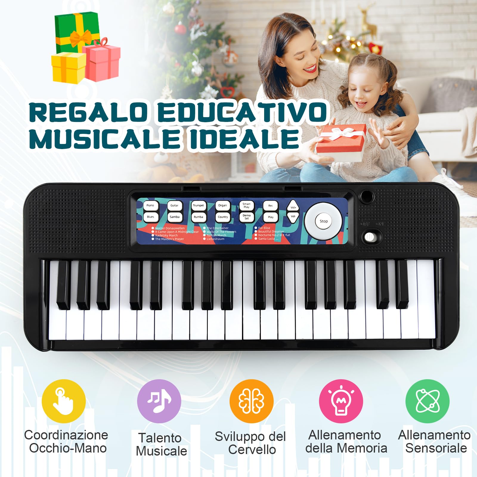 RELAX4LIFE Pianoforte per Bambini con 37 Tasti, Tastiera Musicale con Microfono, Leggio e Sgabello, Funzioni di Record e Playback, Regalo di Natale/Compleanno (Nero)