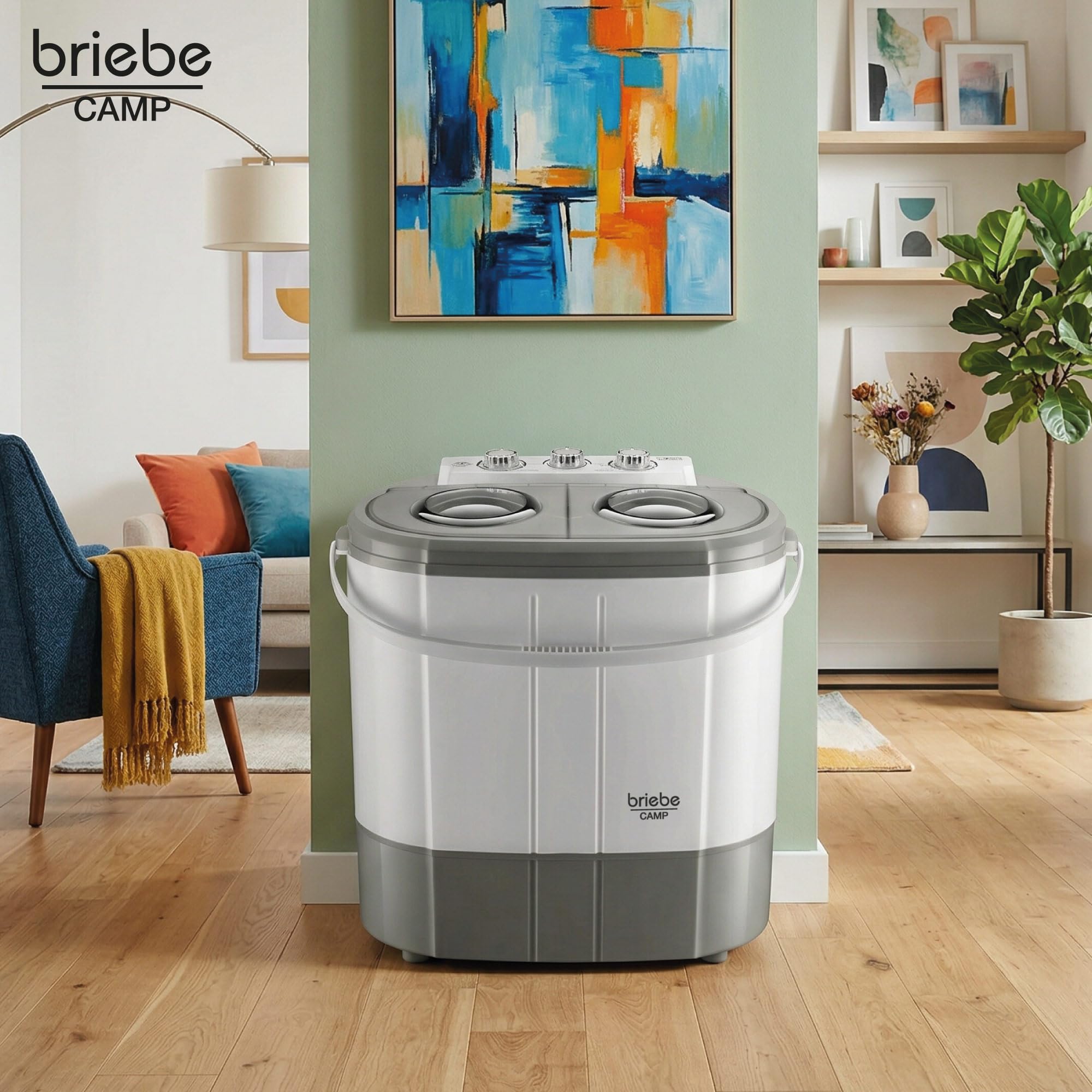 briebe Camp Mini-Waschmaschine, Tragbar, mit Schleuder, Camping, Kapazität 3 kg, Ideal für Reisen, Wohnwagen, Wohnmobile, Kleine mit 2 Fächern, Geringer Wasser- und Energieverbrauch, Grau/Weiß