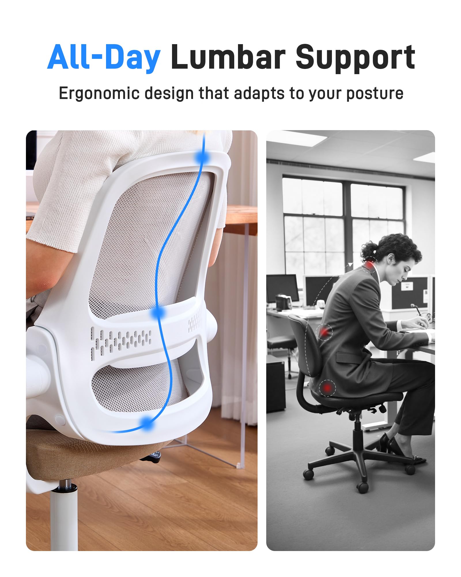 Ergonomic Mesh Office Chair for Home Office, Flip-Up Arms, Breathable Mesh Back & Thick Seat Cushion, Swivel Rolling Computer Desk Chair – BIFMA Certified, Supports 300 lbs (White Frame/Beige Seat)