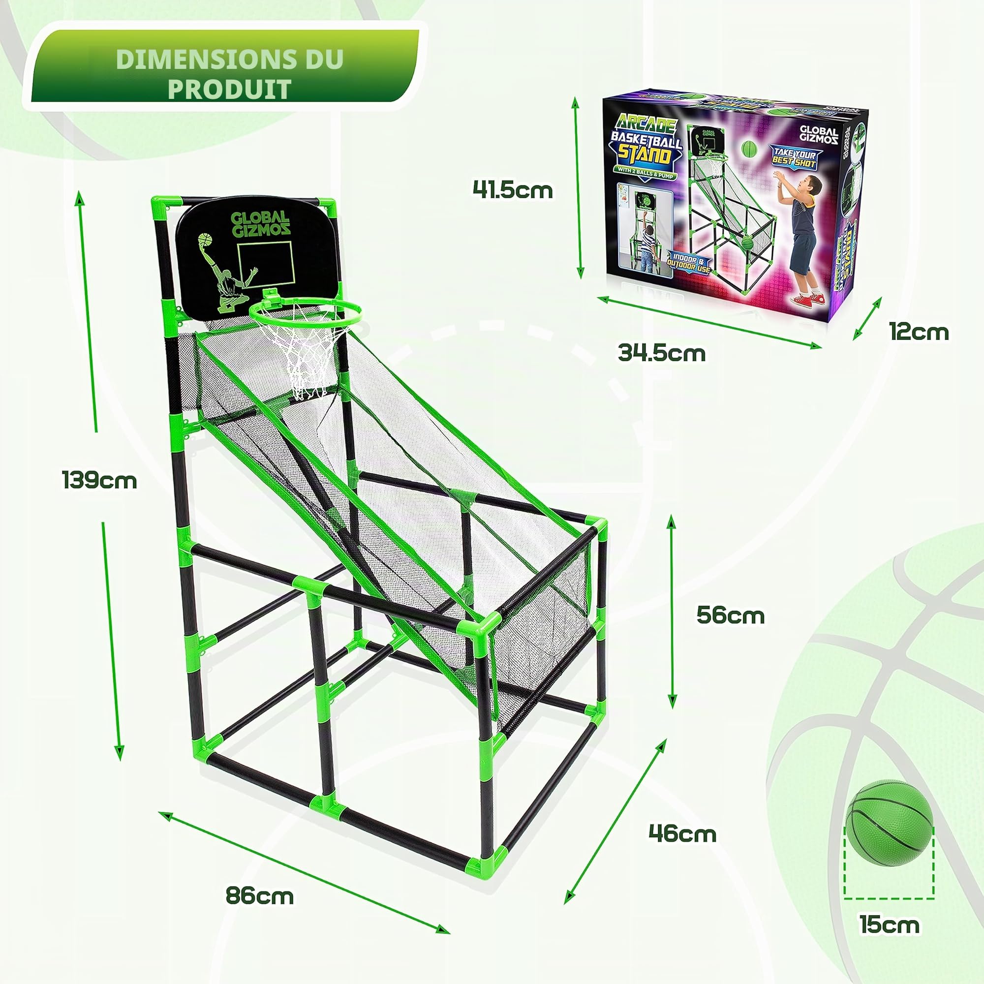 Global Gizmos 55639 Panier de Basket-Ball d'arcade/intérieur/extérieur/Facile à Assembler/2 balles et Pompe incluses/Jeux pour enfants/86 cm x 46 cm x 139 cm