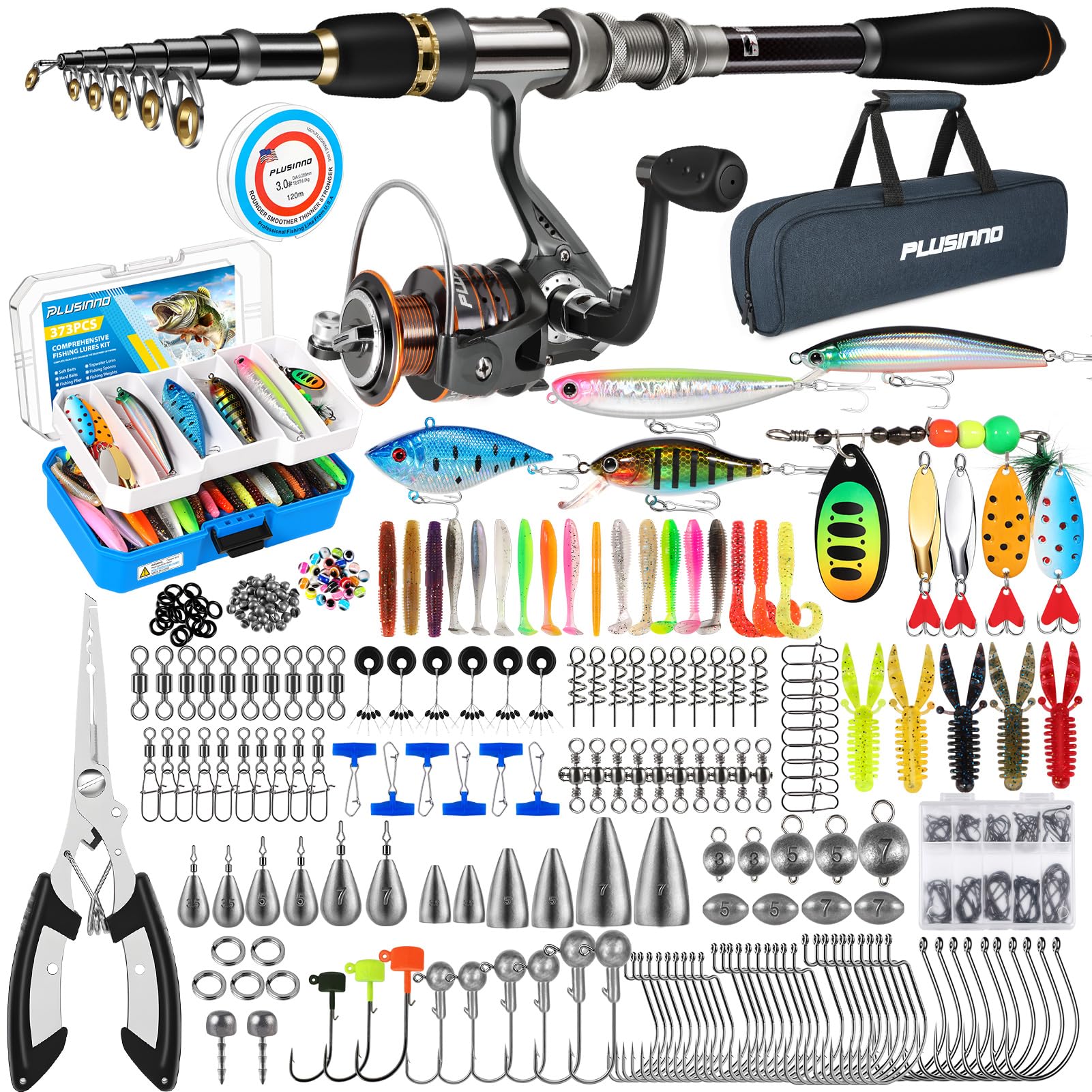 PLUSINNO Fishing Rod with 137PCS Lures, Starter Fishing Kit with Fishing Rod and Reel Combo, Tackle Box and Carrying Bag for Bass Trout Freshwater, Fishing Gear Gifts for Men