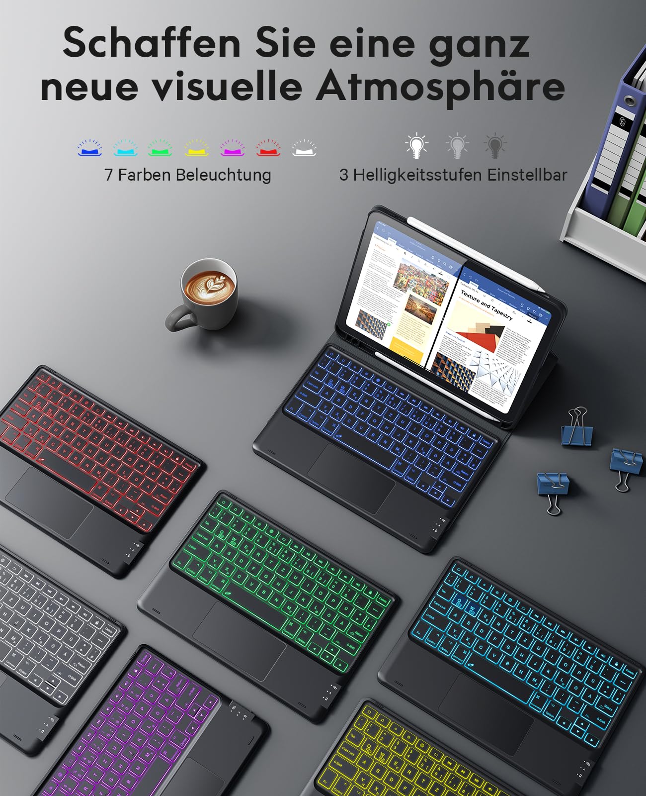 CHESONA Hülle mit Tastatur für iPad 10 Generation/11 Generation A16 2025, 7 Farben Beleuchtung, Multi Touch Trackpad, 2 Bluetooth Kanäle für Neu iPad 10. Gen 2022/2025 11", Schwarz