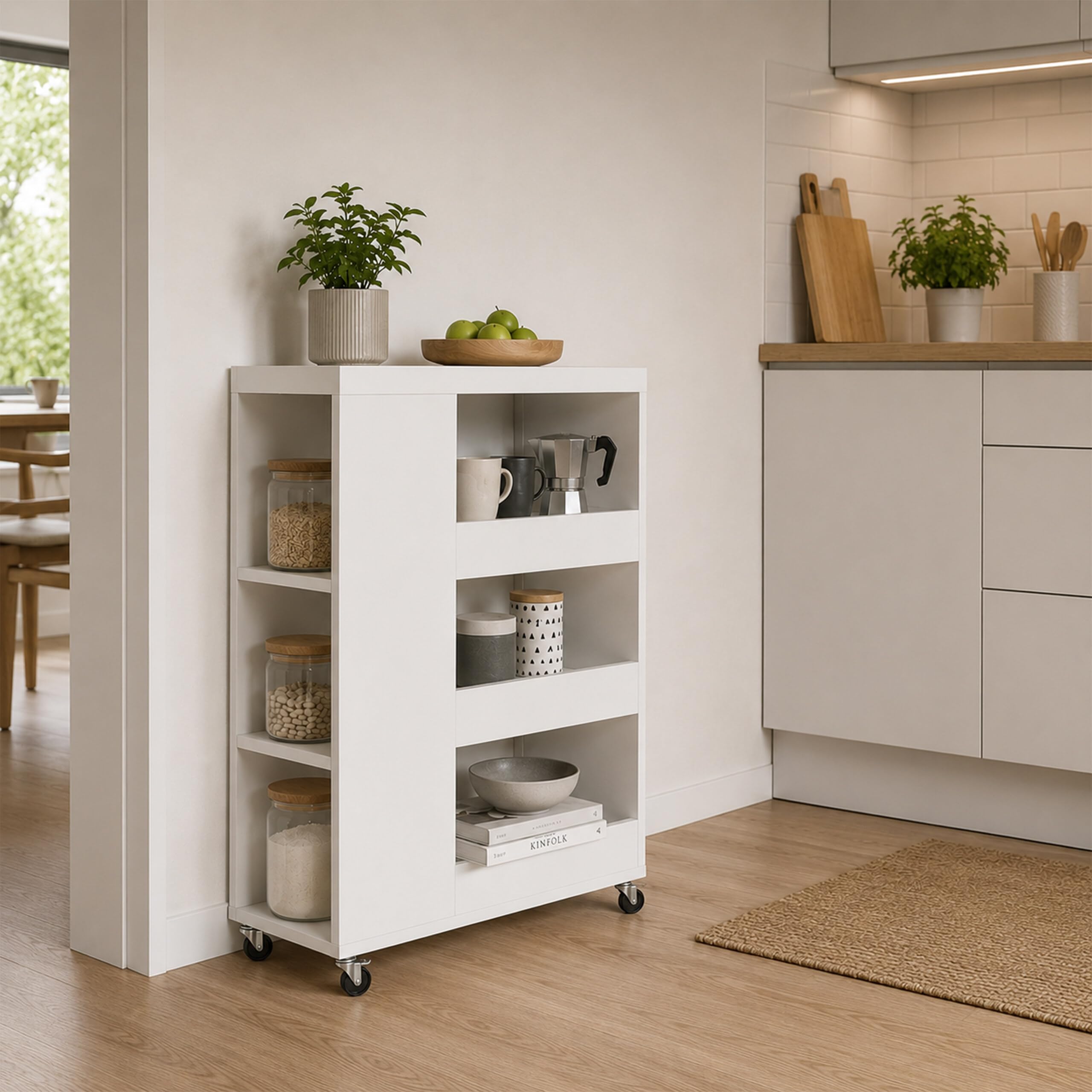 Relaxdays Carrito de nicho, Altura 85 x 18 x 60 cm, estantería Estrecha para baño y Cocina, 4 Niveles, con Ruedas, Aspecto de Madera, Color Blanco