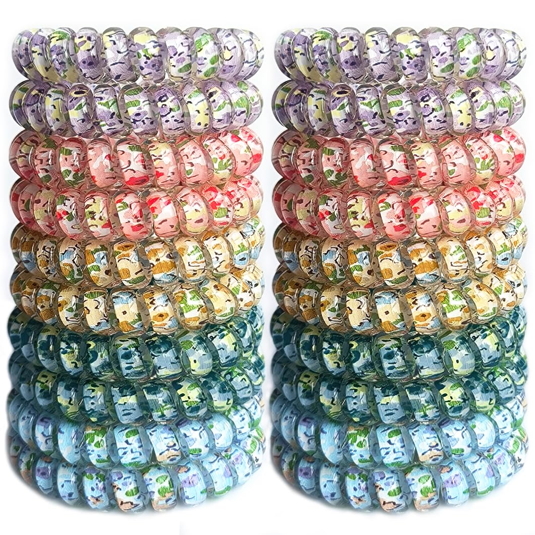 No Crease Spiral Hair Ties 20 Pieces Coil Hair Ties Traceless Phone Cord Hair Tie Elastics Hair Bands Spiral Bracelets Ponytail Holders Colorful Floral Fragments Style (Mixed Color 8)
