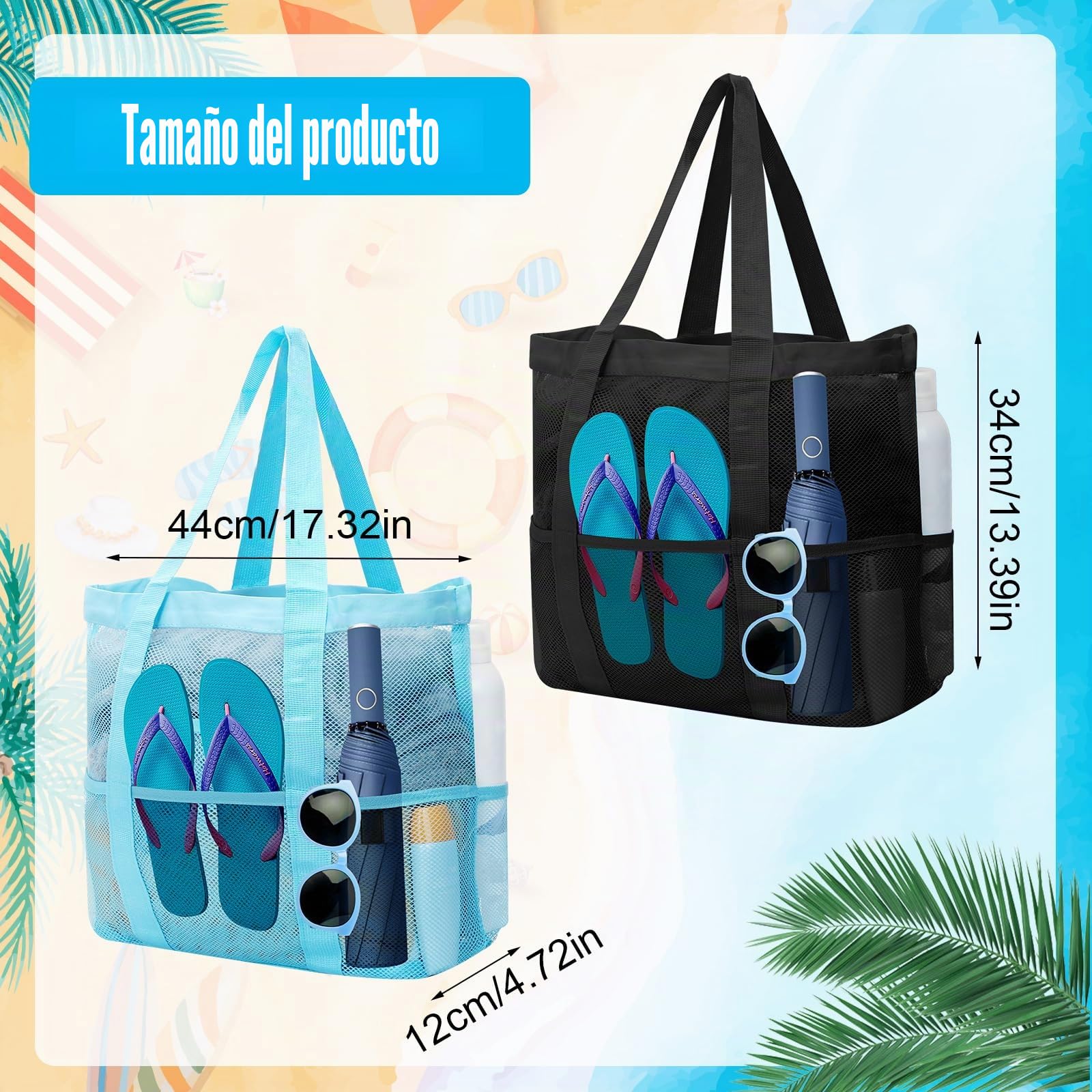 2 bolsas grandes de playa para mujer con cremallera, 8 bolsillos, bolsa de baño, reutilizable, para viajes, playa, compras, picnic y uso diario (negro + azul), negro y azul.