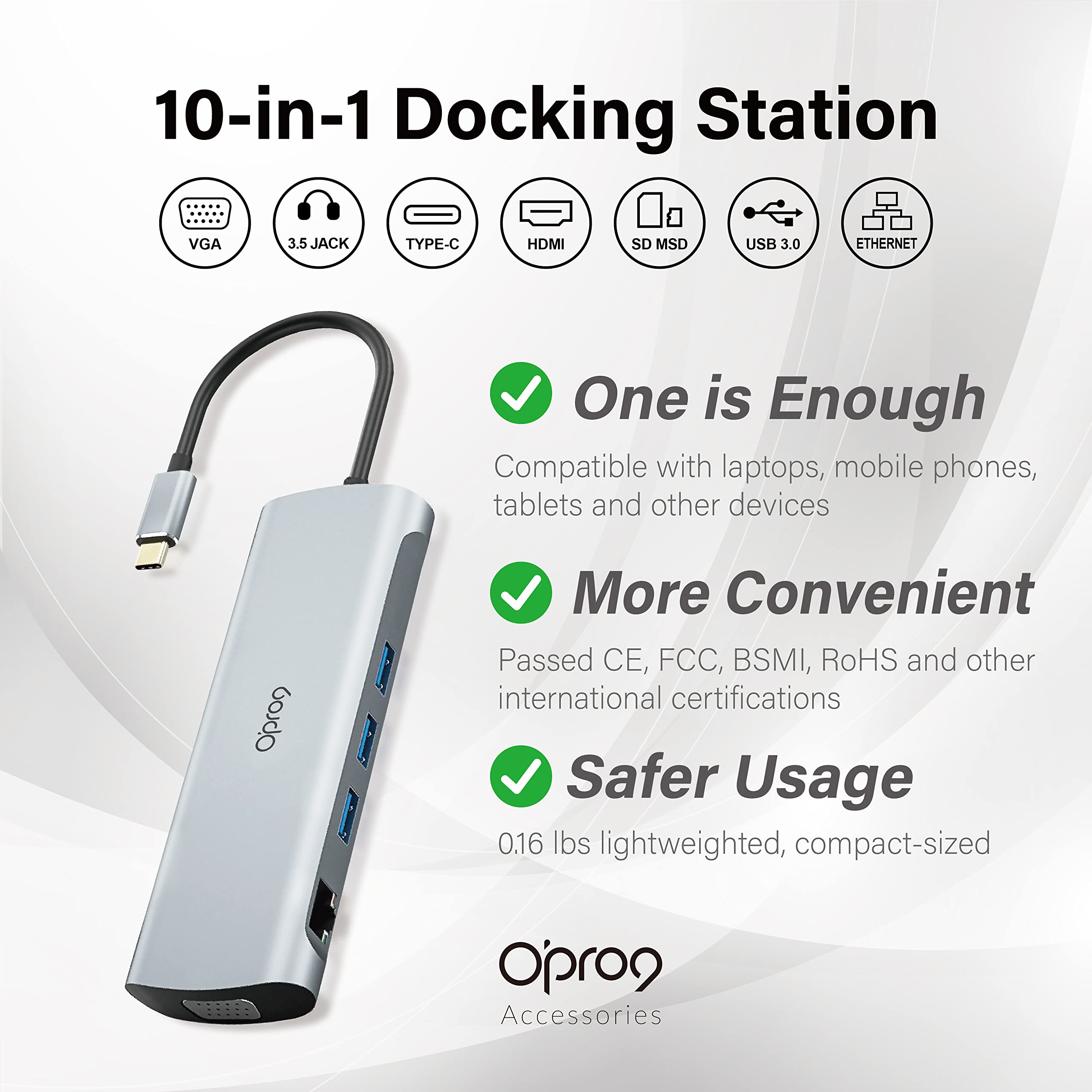 Opro9 10-in-1 USB C Hub Multiport Adapter, Laptop Docking Station Dual 4K HDMI / 1080P VGA, USB 3.0, PD 100W, Gigabit Ethernet, SD/TF Card Reader, 3.5mm Audio Jack, for Windows & MacBook PC, Laptops