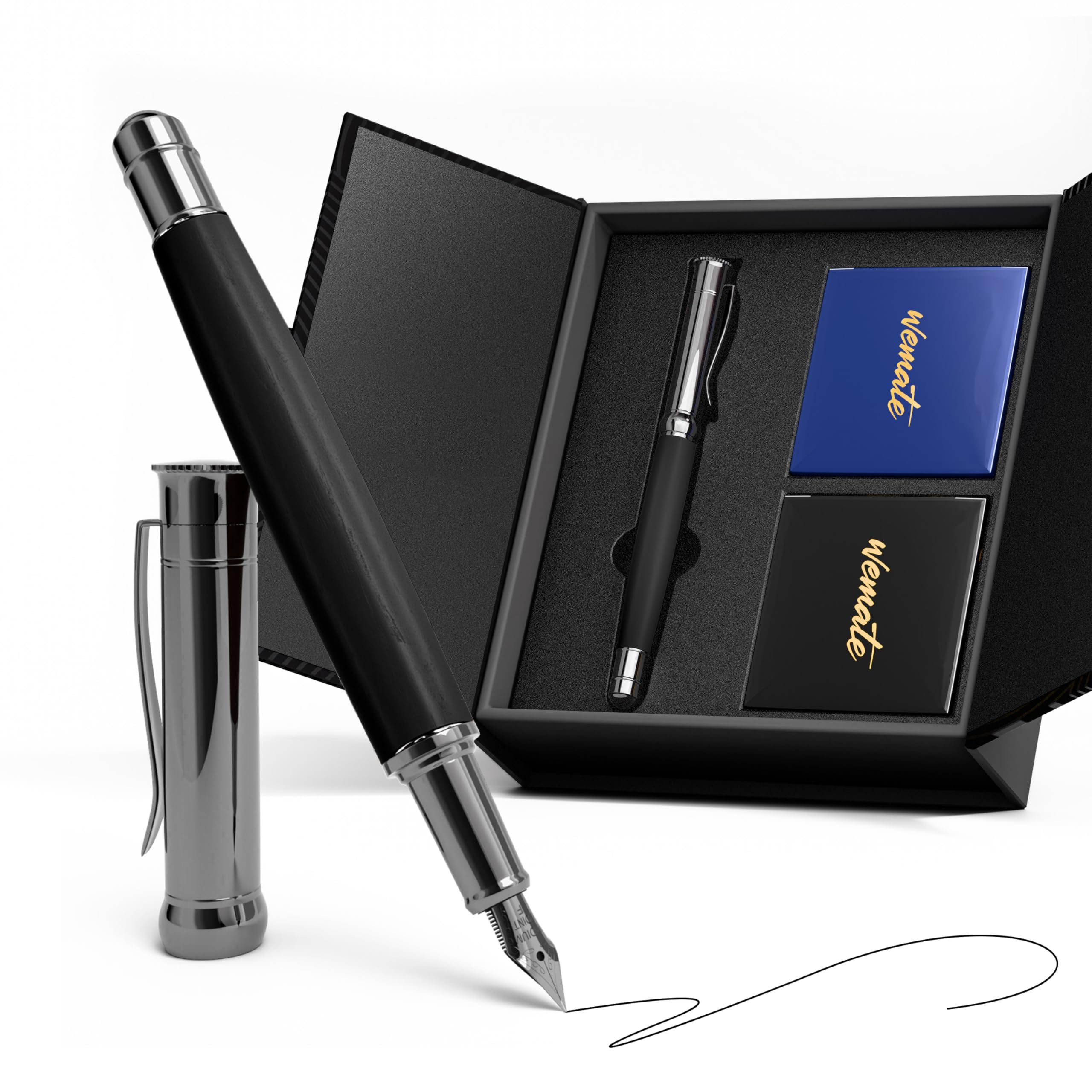 WEMATE Fountain Pen Set, Fine Nib with 20PCS 2.6MM Ink Cartridges(10 Black&10 Blue),1 Ink Converter, Nice Luxury pen for Men, Women, Cool Wooden Fountain Pen for Writing, Journaling, Calligraphy