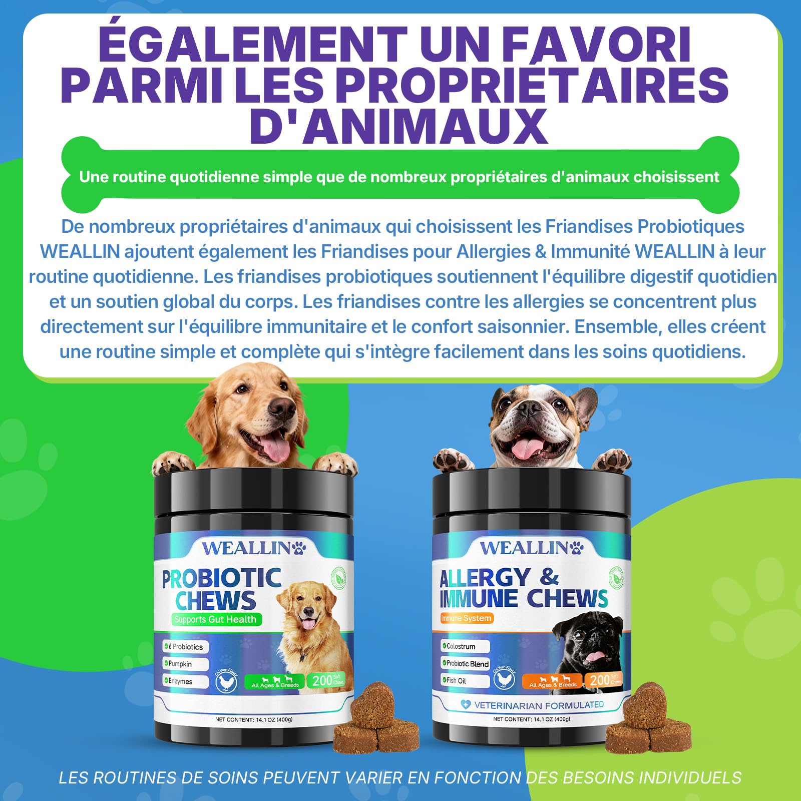 WEALLIN Probiotiques pour Chiens, Prébiotiques pour la Santé Intestinale – Soutient la Santé Digestive et l’Absorption des Nutriments – 200 Bouchées Moelleuses Qui Soutiennent la Santé de la Peau