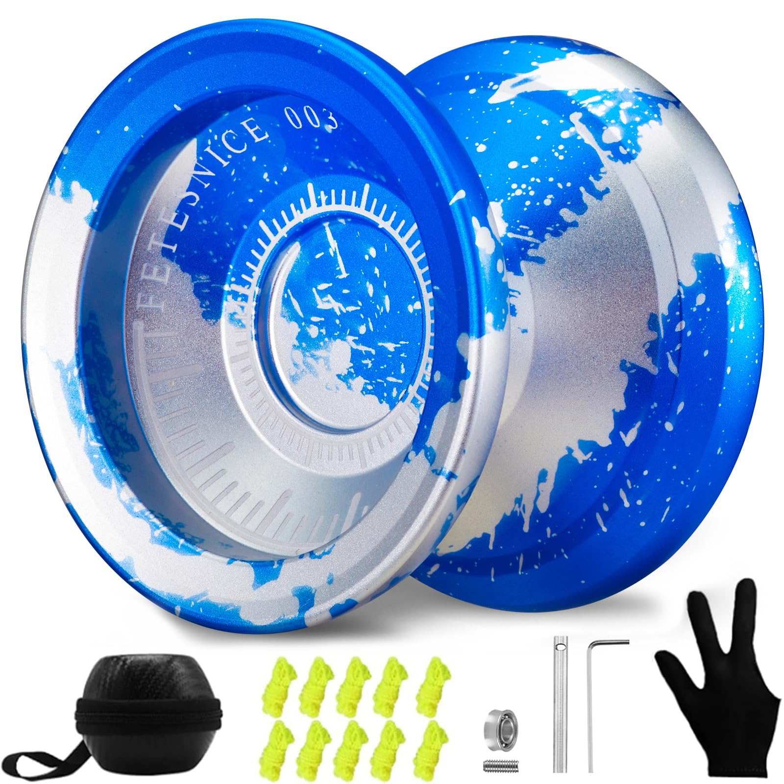 FETESNICE Professional Yoyo for Kids & Adults,Unresponsive/Responsive Dual Purpose Metal Yo-Yo - Trick Yoyo Set with Bag, Removal Bearing Tool,Glove,10 Yo-Yo Strings and Bearing Kit (Blue White)