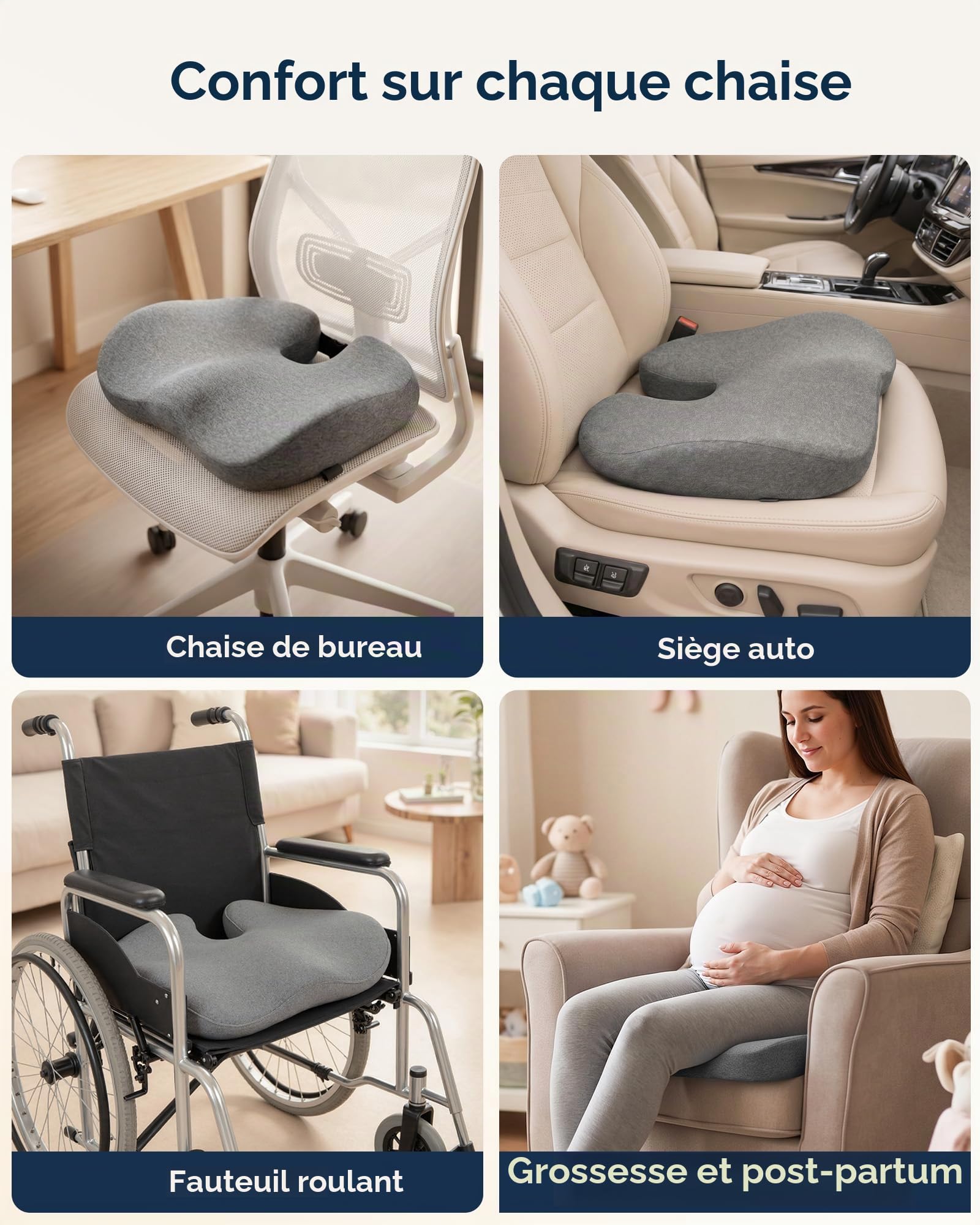 Feagar Coussin De Siège Ergonomique Mousse À Mémoire De Forme [Gris] | Coussin Coccyx Pour Chaise De Bureau Et Voiture, Soulagement De La Pression, Confort Pour Télétravail & Anti-Fatigue