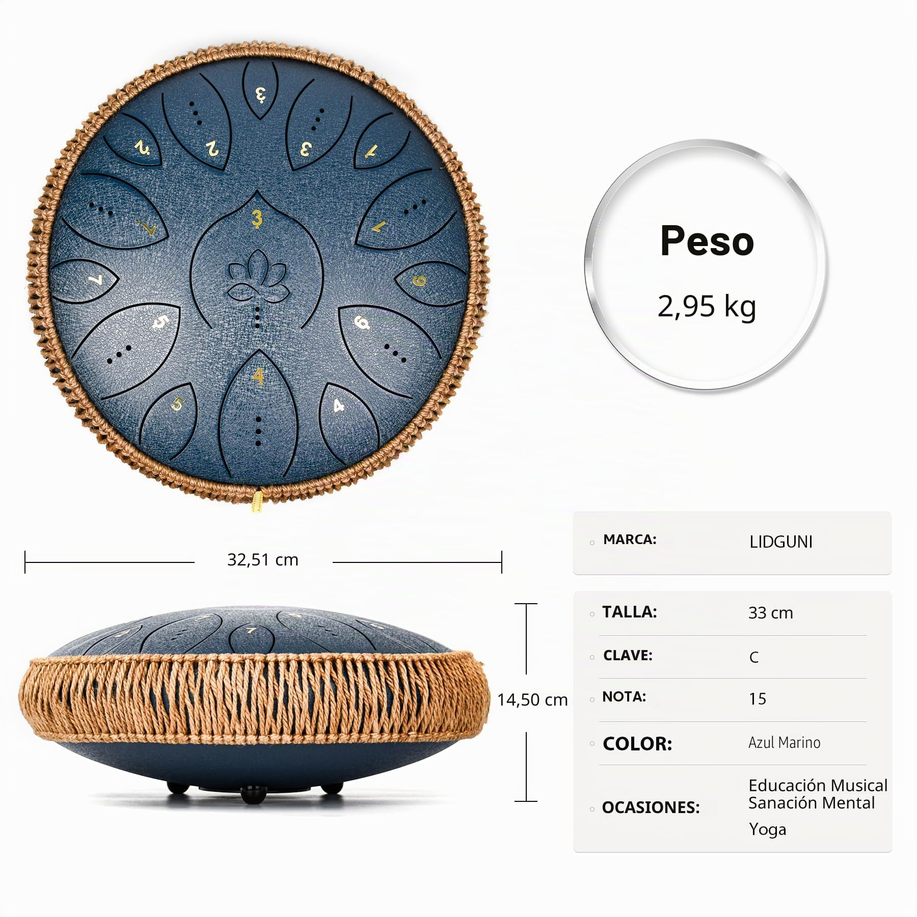 Tambor de lengua de acero de 13 pulgadas, 15 notas, tambores de mano para adultos 440 Hz, instrumento musical C Major Handpan con libro de canciones, mazos y bolsa de transporte, azul marino