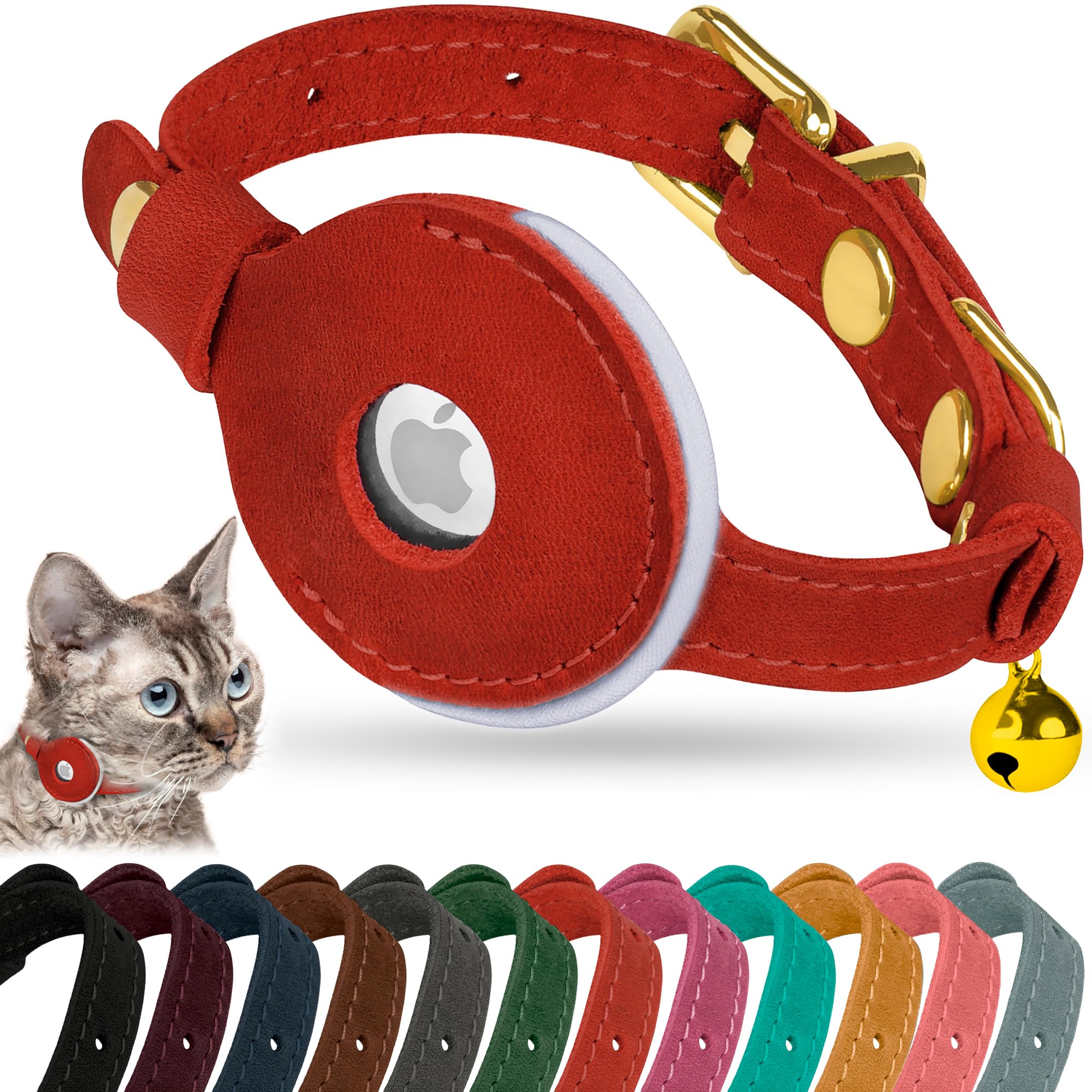 OOPSDOGGY Reflective Leather AirTag Cat Collar with Bell - Non Breakaway Adjustable Pet Collar with Apple Air Tag Holder - Lightweight GPS Kitten