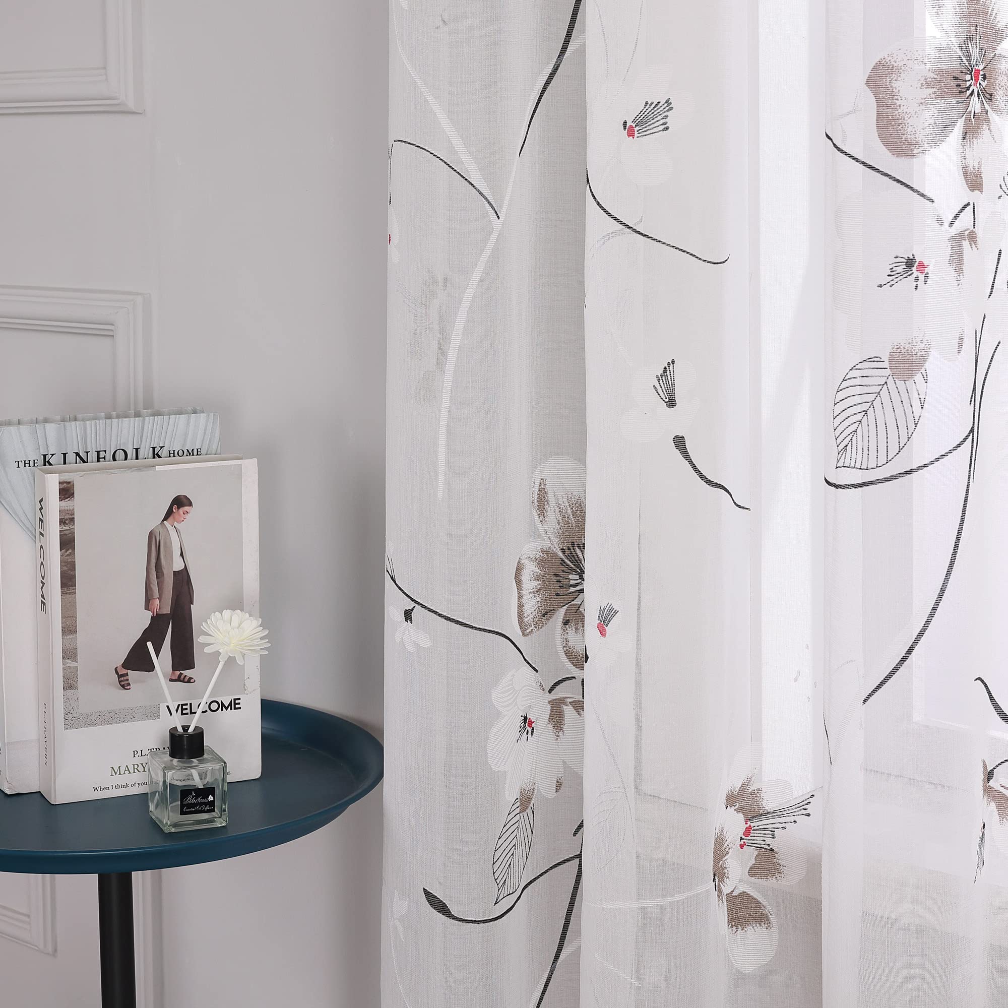 Delien Tenda in voile con fettuccia arricciata, motivo floreale, larghezza 140 x altezza 245 cm, bianco | 1 pezzo, elegante motivo floreale burnout, tenda trasparente, tenda per soggiorno, leggera, ariosa, moderna