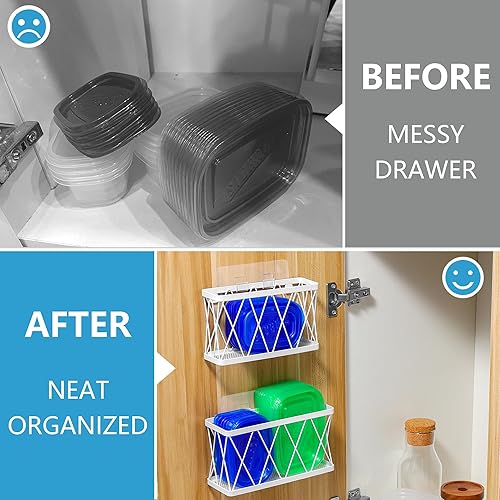 Miniatura 3 de YIGII Paquete de 3 organizadores adhesivos para puerta de gabinete, organizador de almacenamiento de tapa para Tupperware, organizador de puerta de