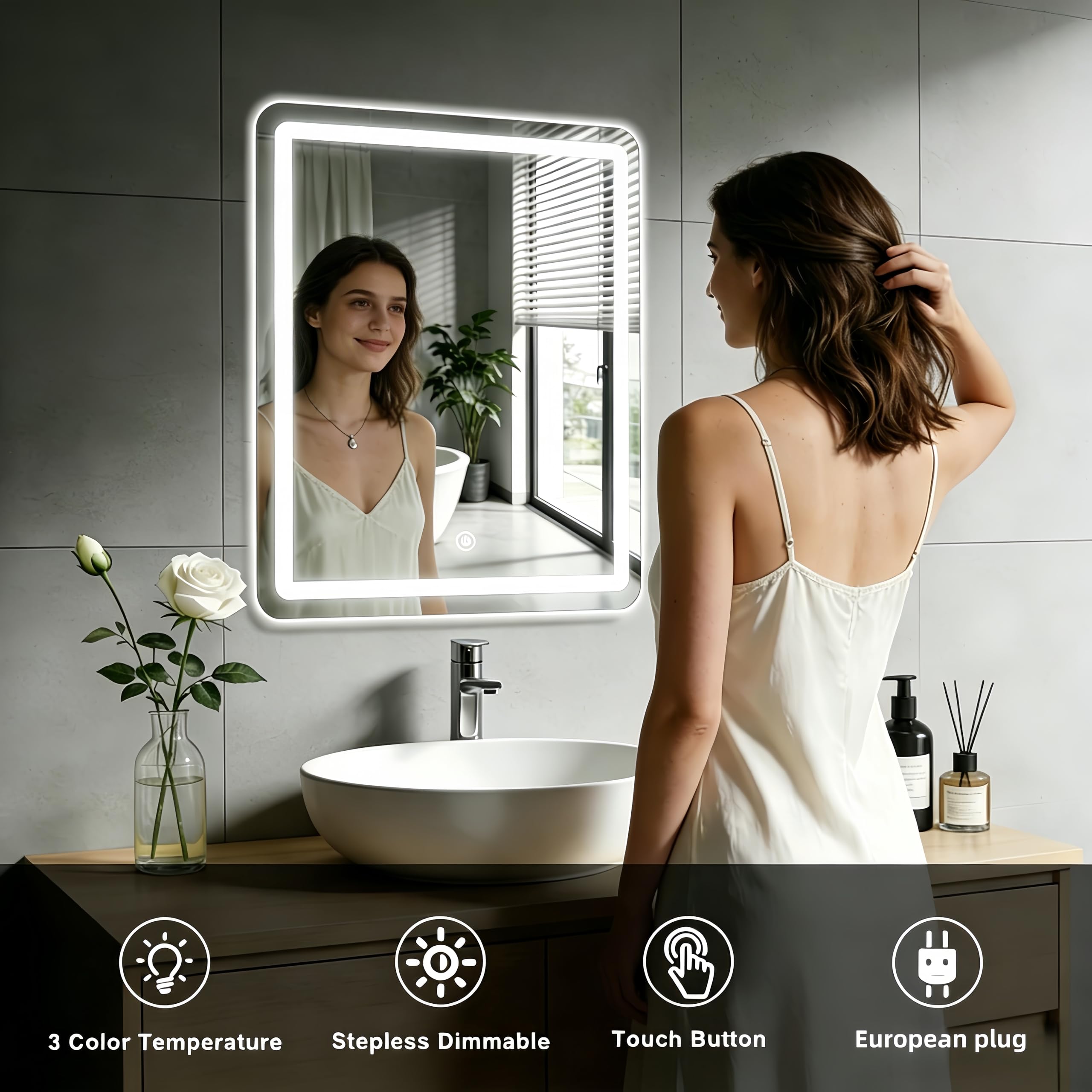 Badezimmer Wandspiegel, Badspiegel Mit Beleuchtung, Spiegel mit LED Licht, Touch Schalter und 3 Farben Dimmbar (60L x 45B cm)
