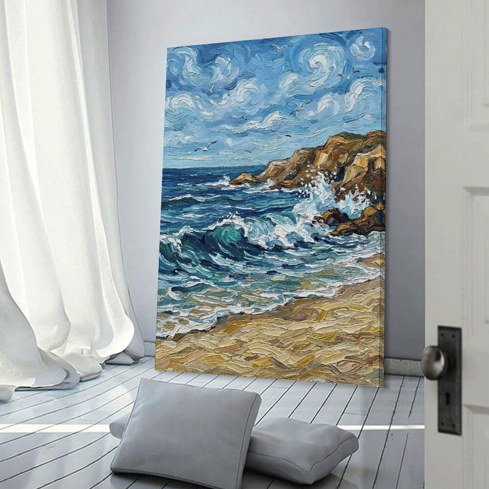 Junmoney Impressionistic Seascape with Cliffs And Birds Wall Picture Print, 20x30inch(50x75cm), for New Home Styling, Lounge Or Bedroom, Home Artwork for Modern Interiors
