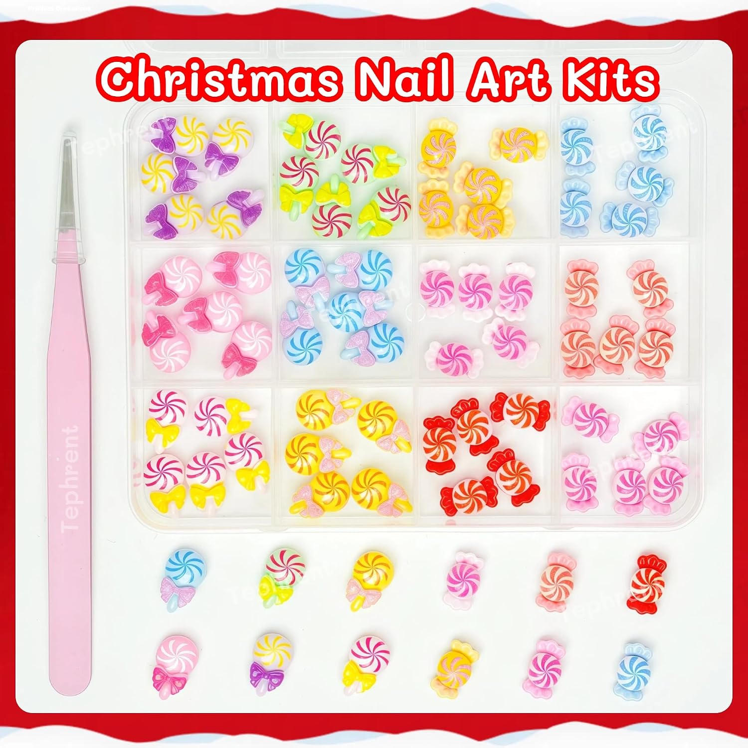 12 Grids Christmas Candy Nail Charms Colorful Bow Candy Nail Art Charms 3D Resin Red Green Pink Blue Christmas Candy Nail Rhinestones Cute Candy Nail Jewelry Nail Decor New Year Nail Gems for Women image 3