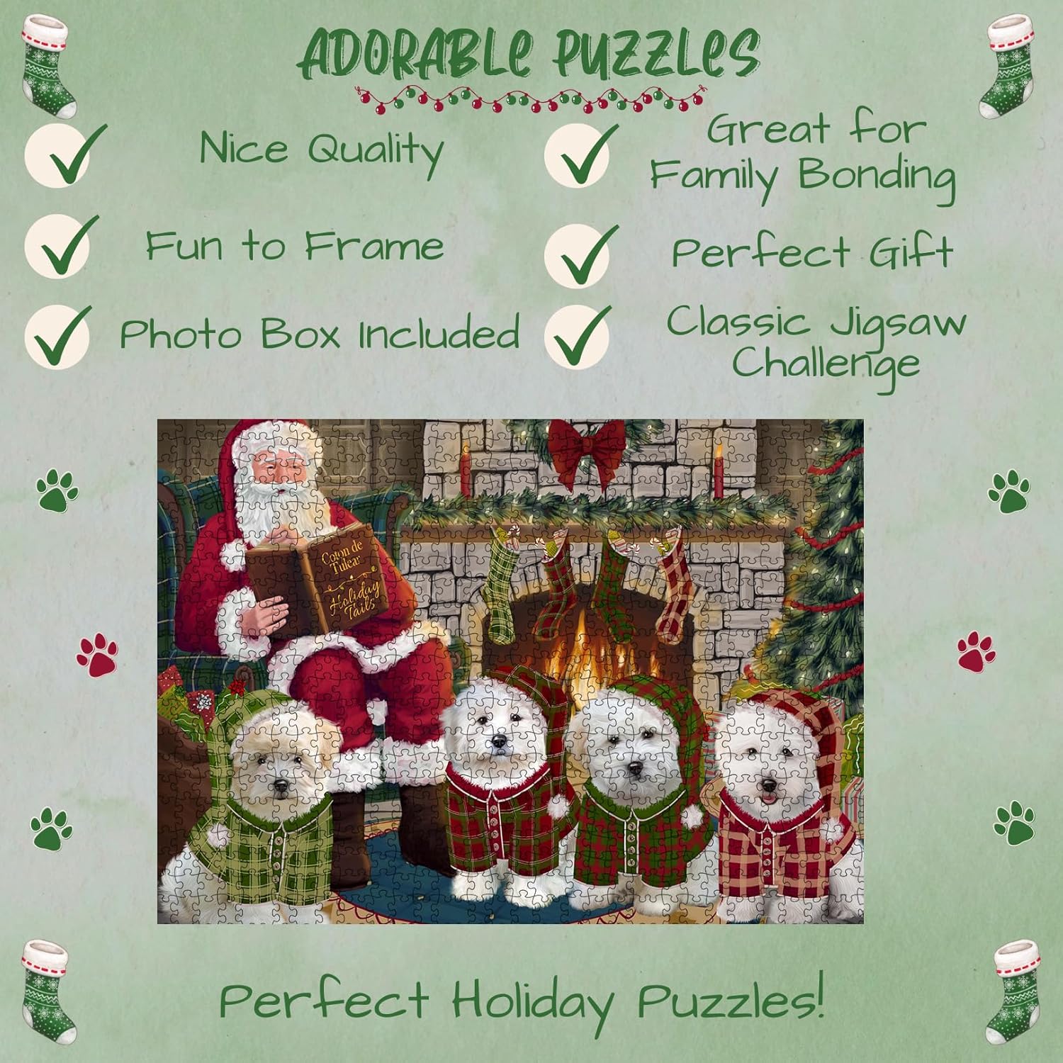 Christmas Cozy Fire Holiday Tails Coton De Tulear Dog Jigsaw Puzzle for Adults - Animal Printed Interlocking Puzzle Game Artwork - Gift for Dog Lover's - 1000 Pcs 11"x14"
