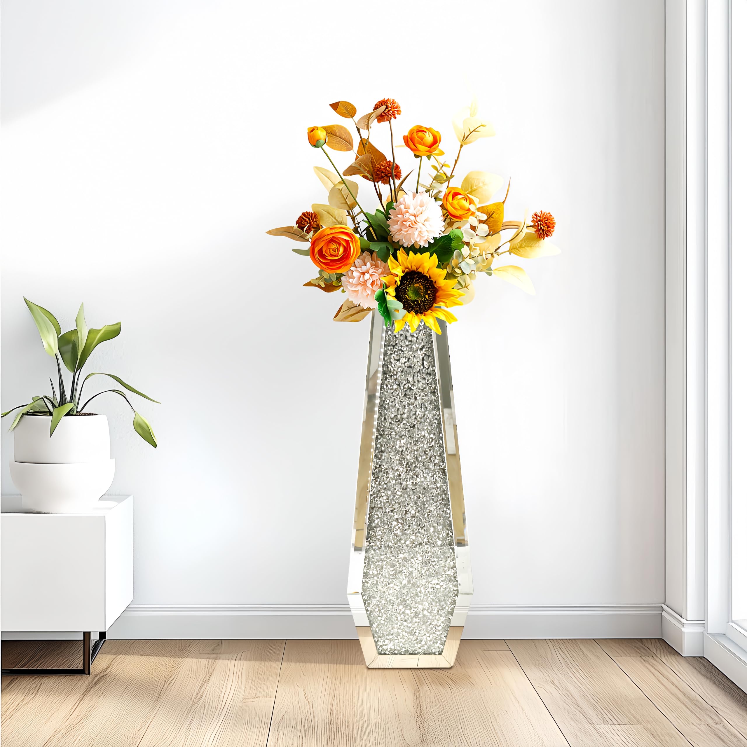 Artloge Jarrón Decorativo de Cristal Grande con Diamantes para Flores Secas, 69 x 15 x 10,9 cm