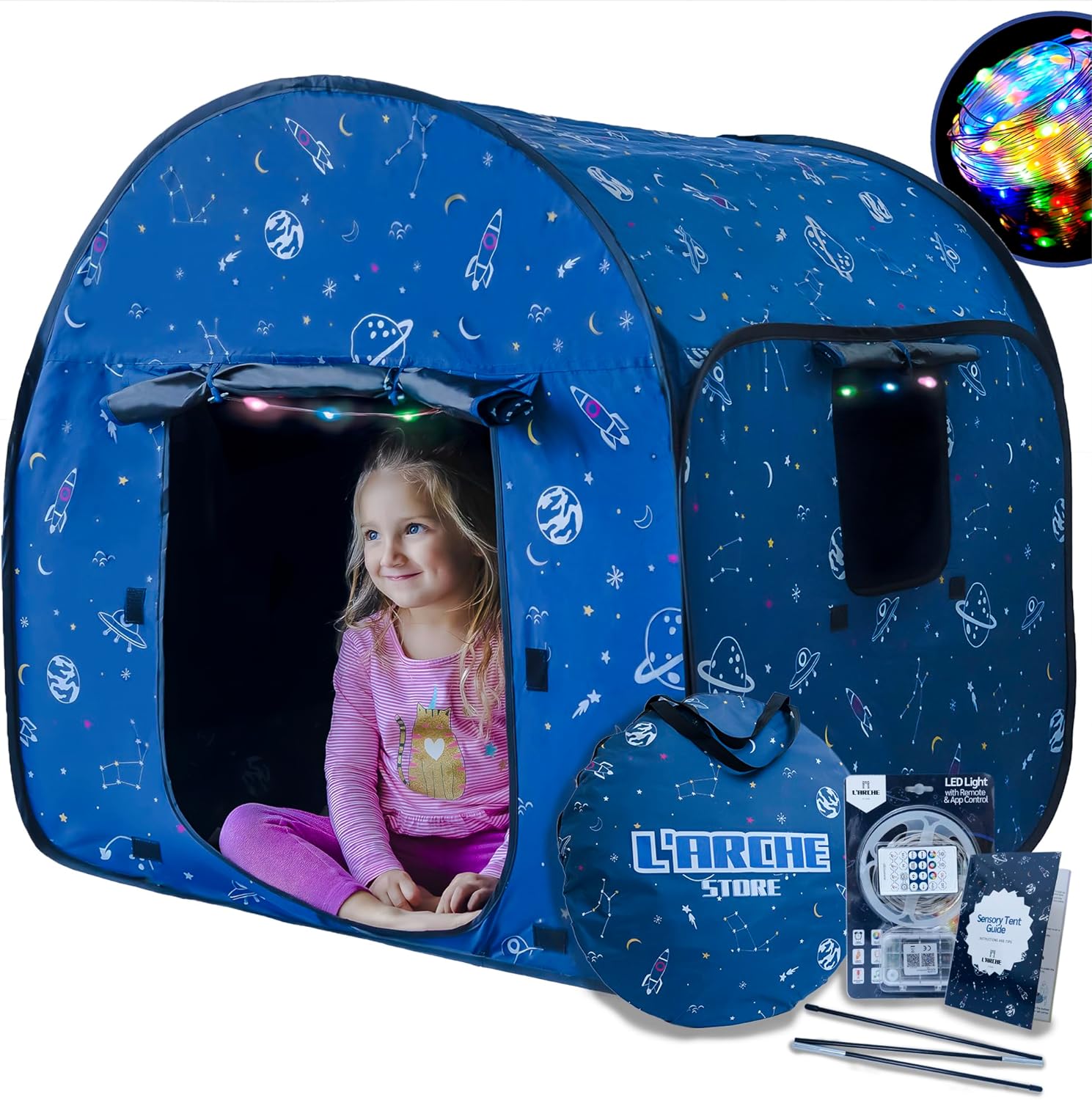 L’ARCHE Sensory Tent for Kids with LED Lights & Remote Blackout Pop-Up Calm Down for Autism, ADHD & SPD Indoor Sensory Room & Play Tent Foldable & Portable (Space Theme, Regular 35.4 in)