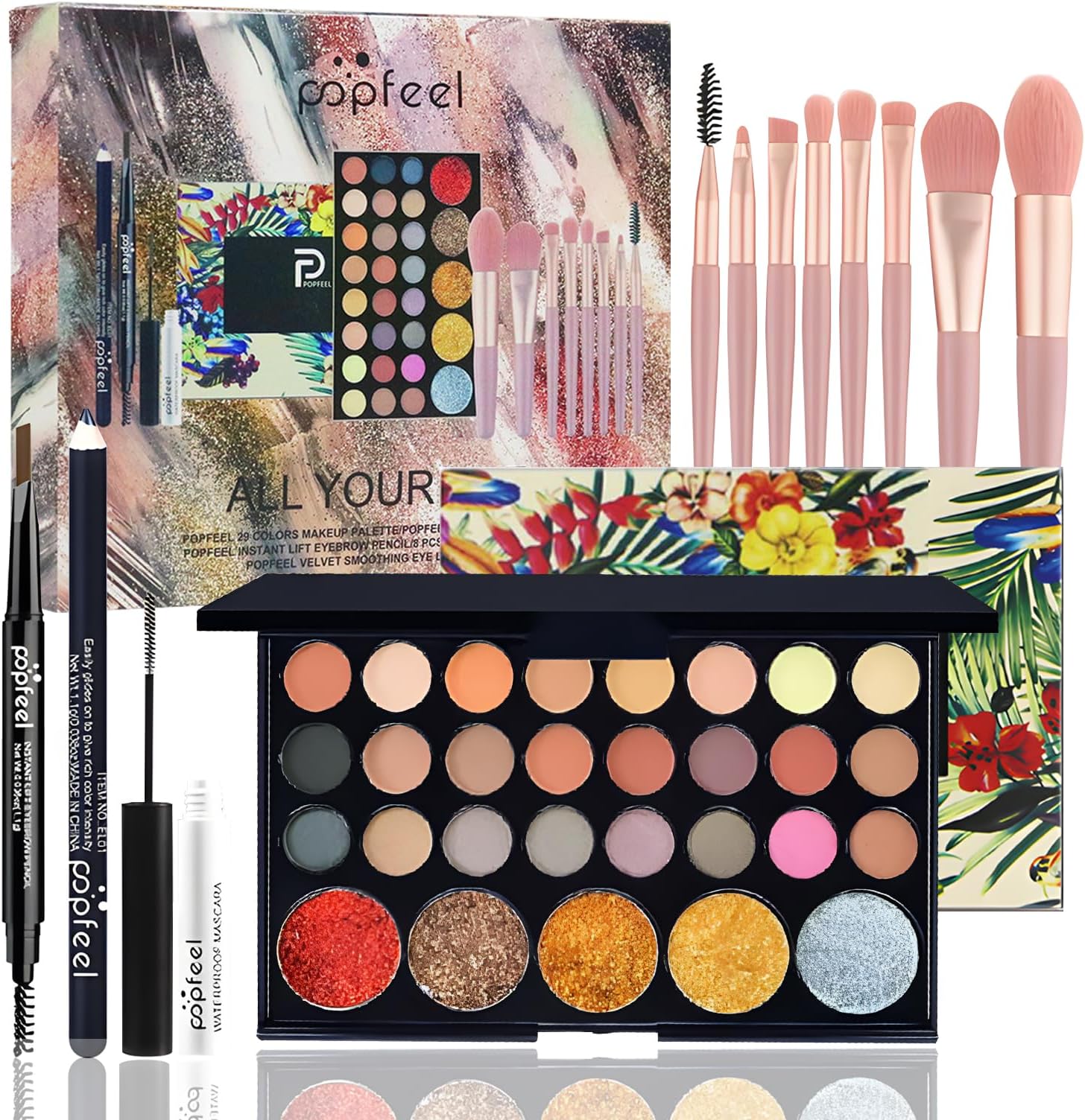 RoseFlower Professional Makeup Set, Essential Make up Starter Set Make-up Gift Sets Makeup Kit with 29 Colors Matte Glitter Eyeshadow Palette Makeup Brush Set Eyebrow Pencil Eyeliner Mascara