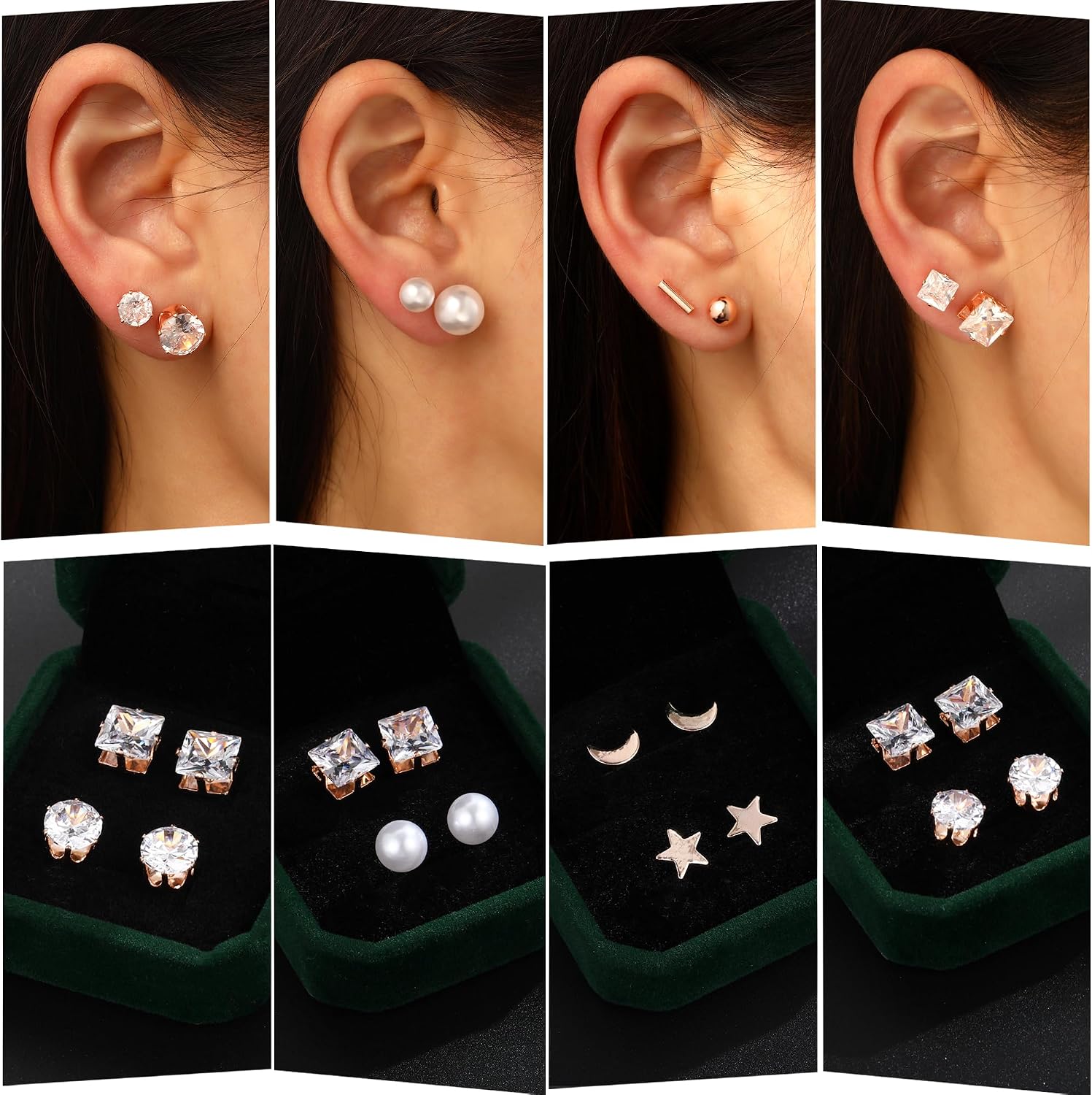 30 Pairs Silver Stud Earrings Set for Women, iF ME Hypoallergenic Cubic Zirconia Diamond Pearl Studs Earrings Set, 14K Plated Copper Stud Earrings Pack for Women Men