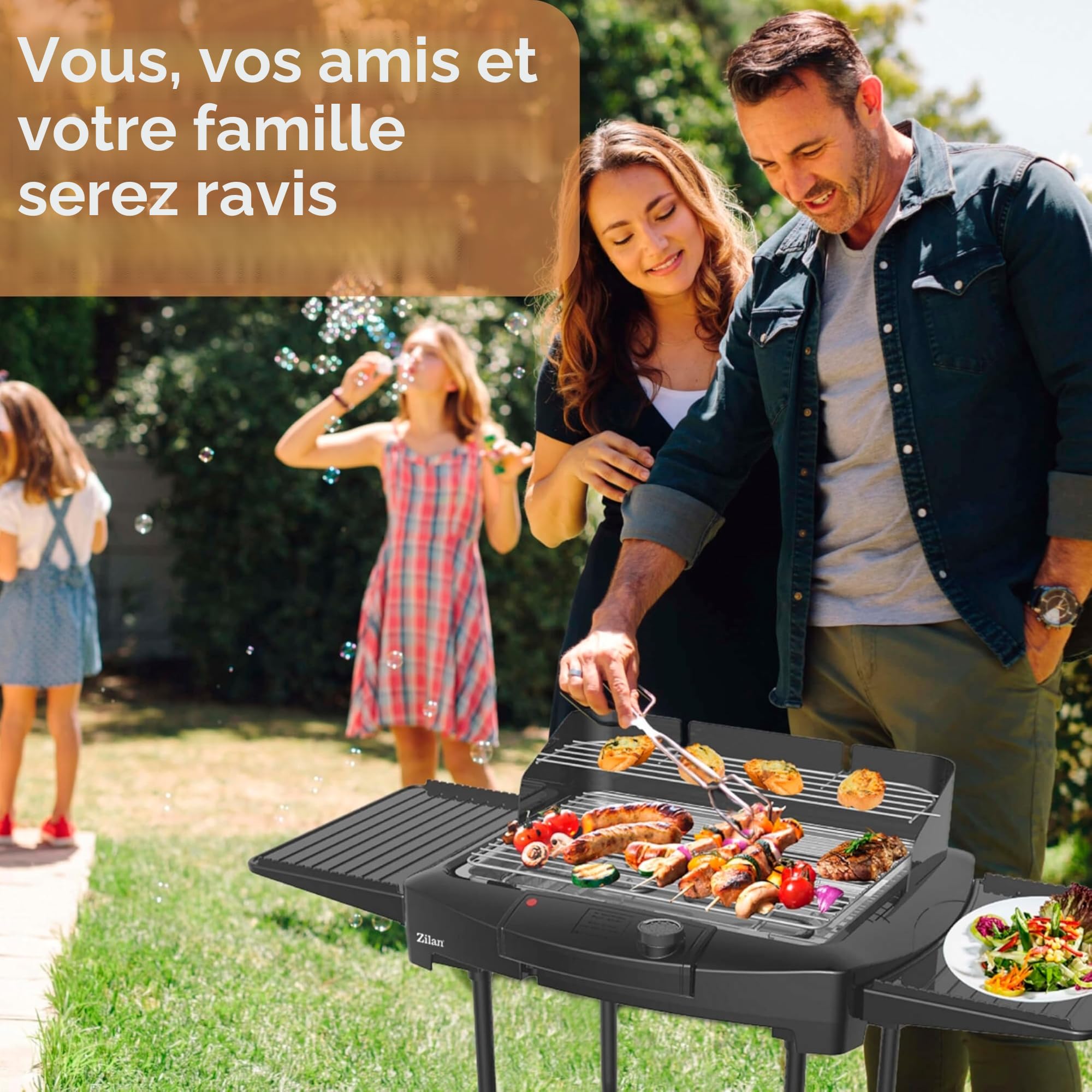 Barbecue électrique 2 en 1 - 2 400 W - Barbecue électrique pour balcon, extérieur et intérieur avec pied - Grandes surfaces de cuisson - Régulateur de température en continu