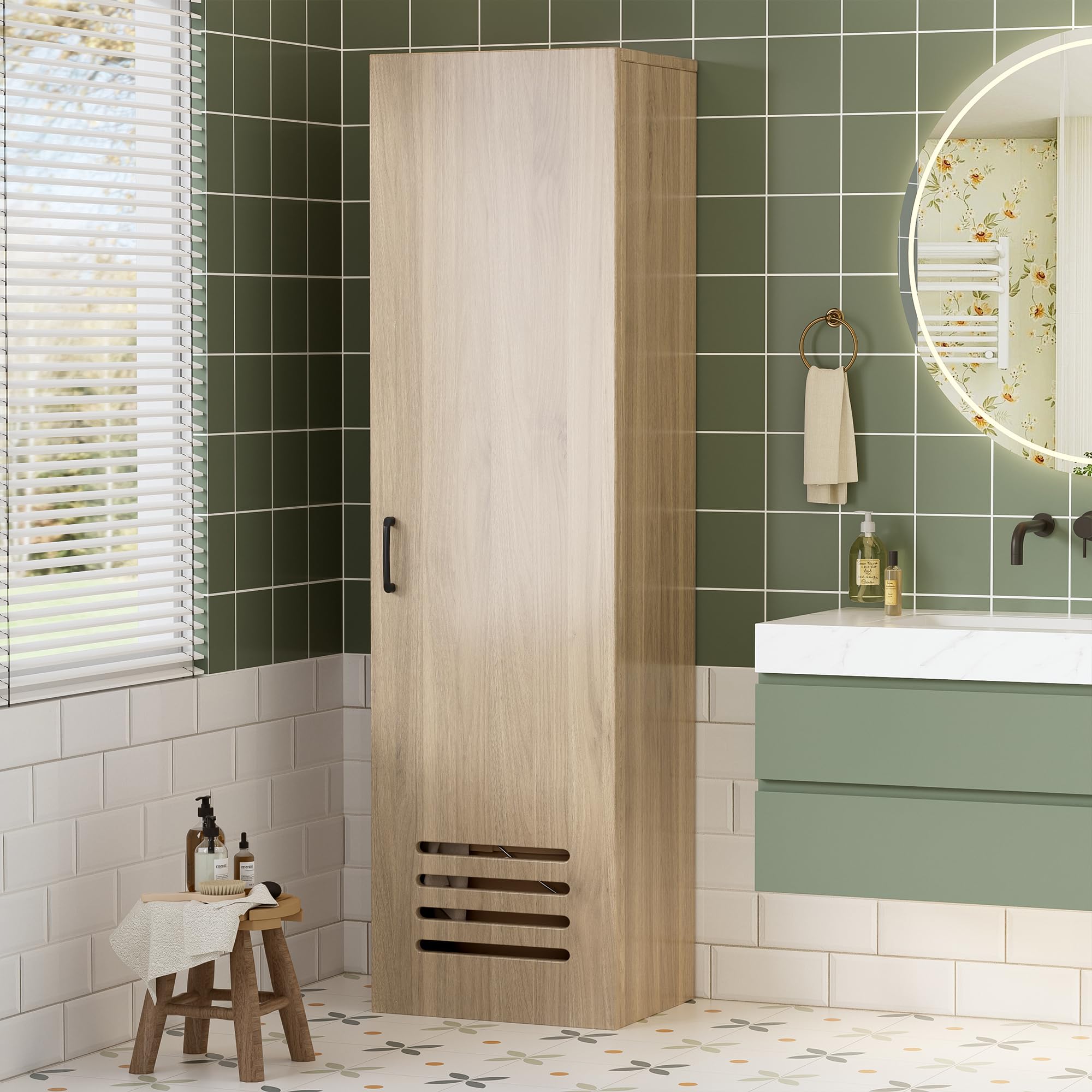 Putzschrank Besenschrank,Putzschrank Schmal 40cm Breit,Mehrzweckschrank Haushaltsschrank Praktische Schrank für Staubsauger Besen,Staubsaugerschrank mit Regale und Kleiderstange,40*30*160cm,Holzfarbe