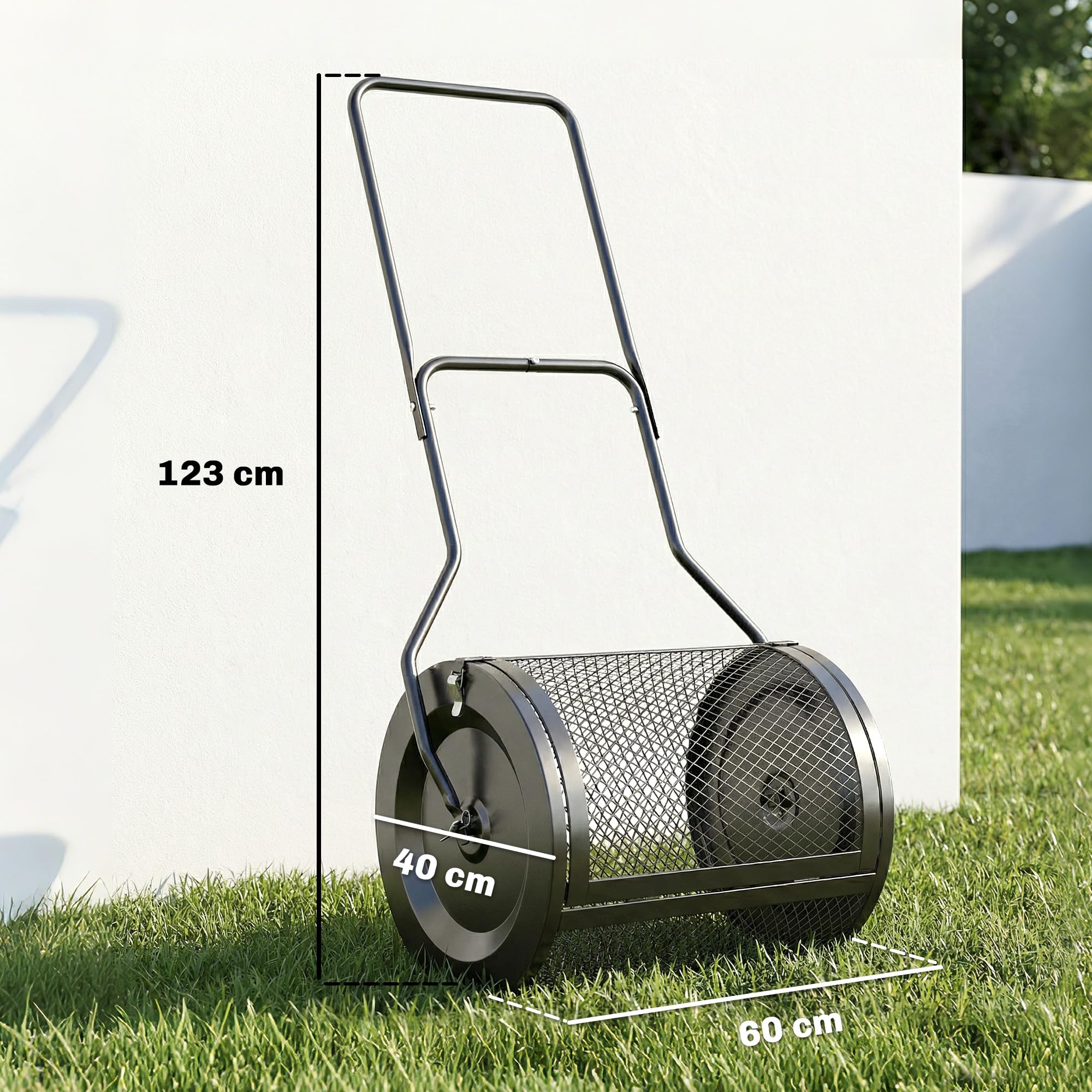 Outsunny Esparcidor de compost y turba 20" cesta malla metálica Negro | Mango en U desmontable de 34/80 cm, para siembra y esparcimiento de estiércol