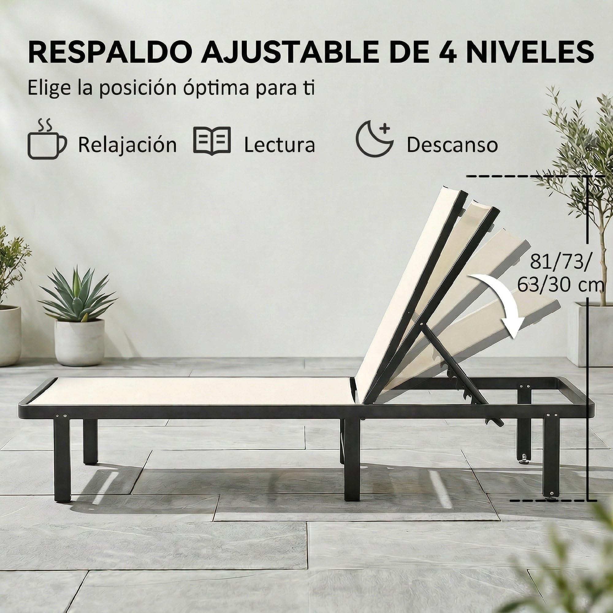 Outsunny Pack de 2 Tumbonas de Jardín Exterior, Tumbonas Reclinables con Ruedas, Respaldo Ajustable de 4 Niveles, Estructura de Aluminio y Tela Textilene, Resistentes, para Playa, Piscina, Beige